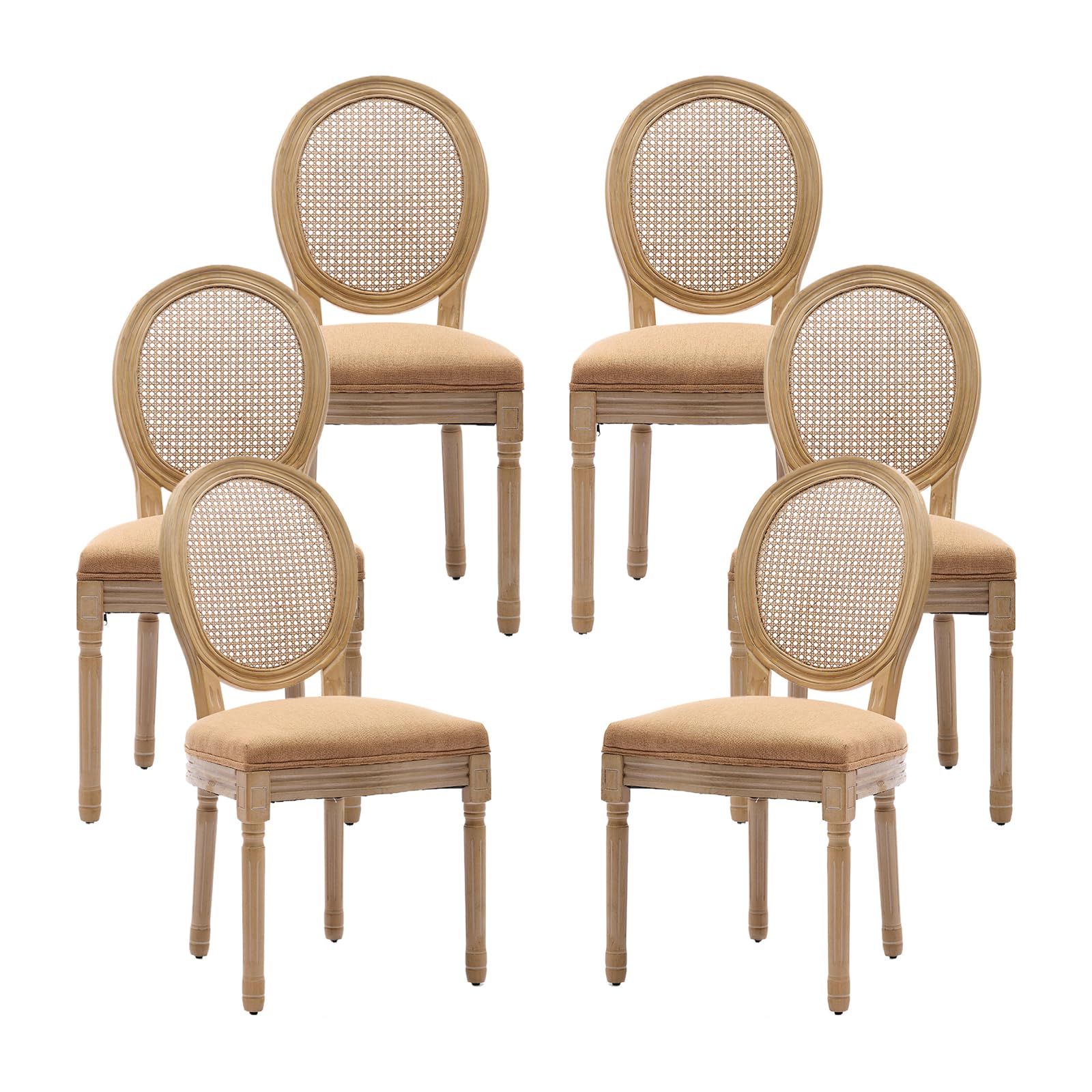 Vintage French Rattan Dining Chairs Set of 4, Solid Wood Frame with Round Rattan Back and Linen Upholstered Seat, Farmhouse Accent Sillas de Comedor Side Chairs for Dining Room & Kitchen, Beige