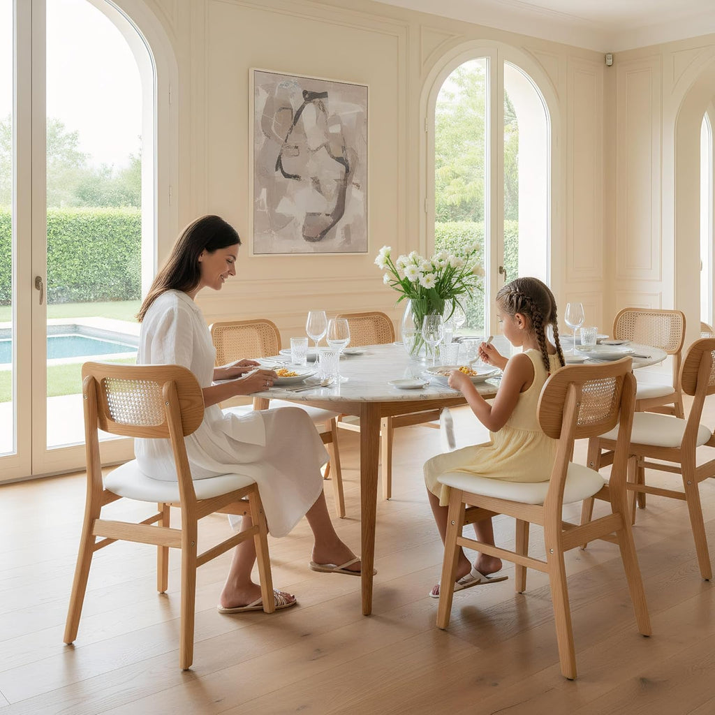 ROCITY Rattan Dining Chairs Set of 4 White Faux Leather Dining Room Chairs Natural Wooden Kitchen Chairs Farmhouse Side Chairs