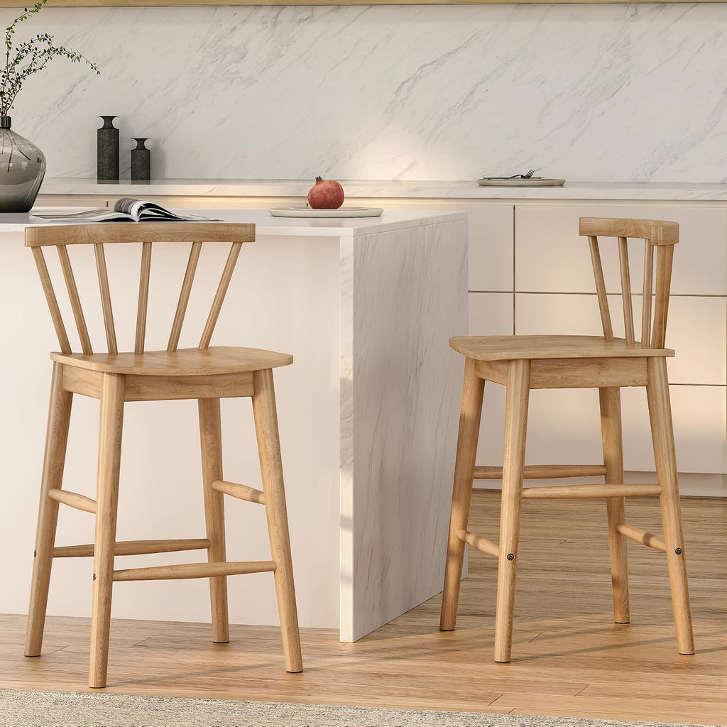 Modern Bar Stools Set of 2, 24" Wooden Counter Height Barstools, Modern Armless Farmhouse Bar Dining Chairs with Back & Footrest for Kitchen Island Pub, Natural Oak