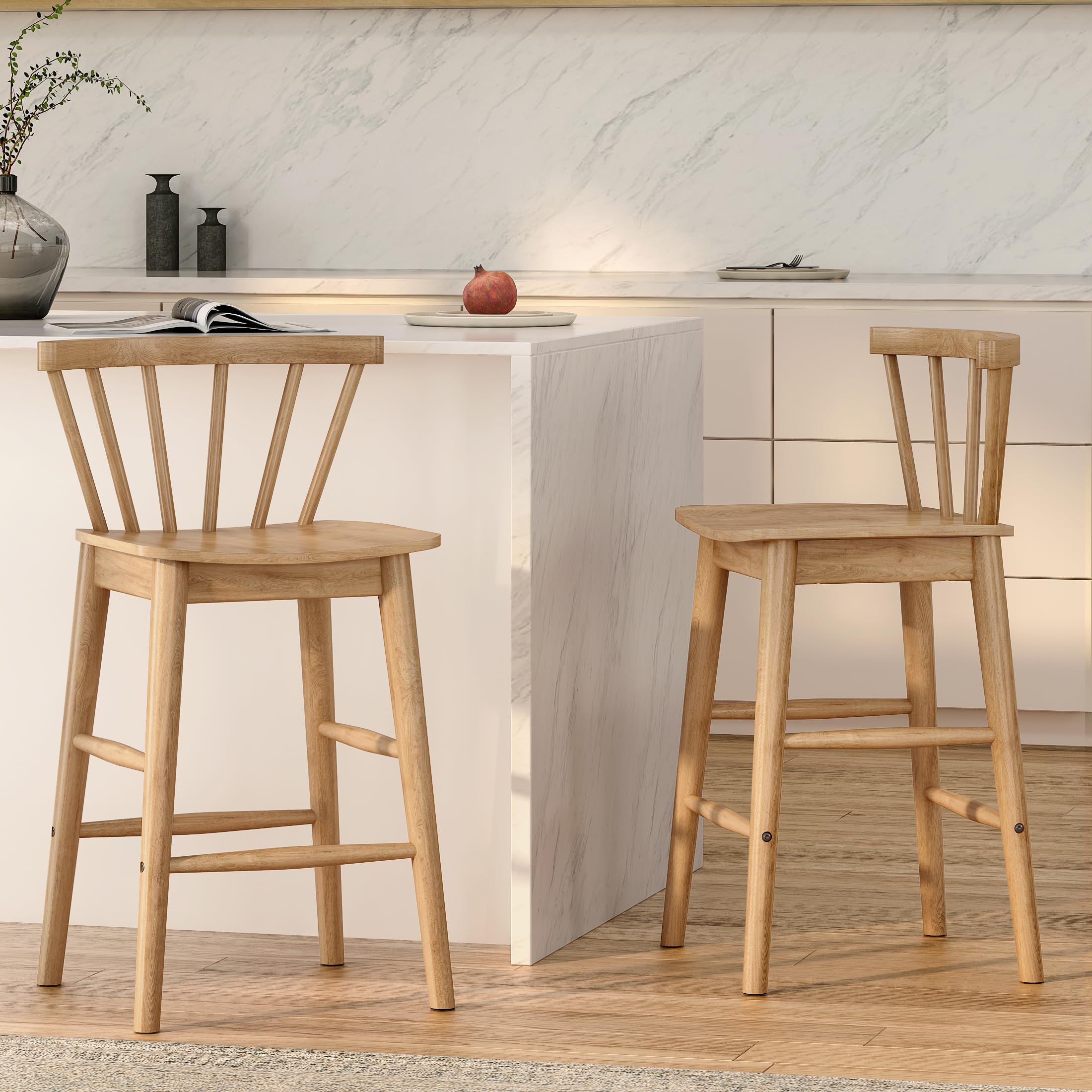 Modern Bar Stools Set of 2, 24" Wooden Counter Height Barstools, Modern Armless Farmhouse Bar Dining Chairs with Back & Footrest for Kitchen Island Pub, Natural Oak