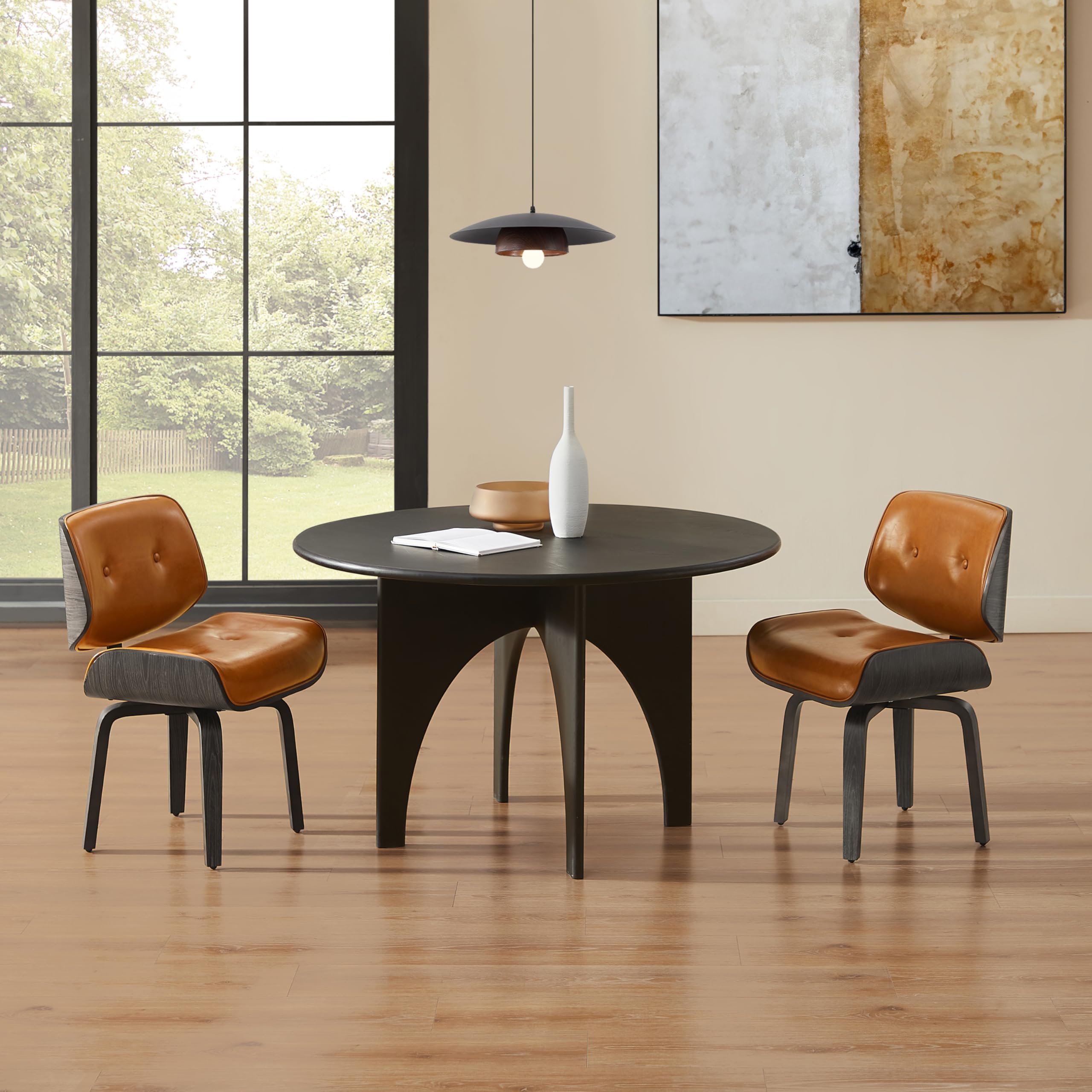 Zouron Swivel Dining Chairs, Mid Century Modern Desk Chairs Retro Faux Leather Chair with Wooden Legs, Kitchen Dining Room Chair with Upholstered Seat, 1 Pcs, Orange Brown