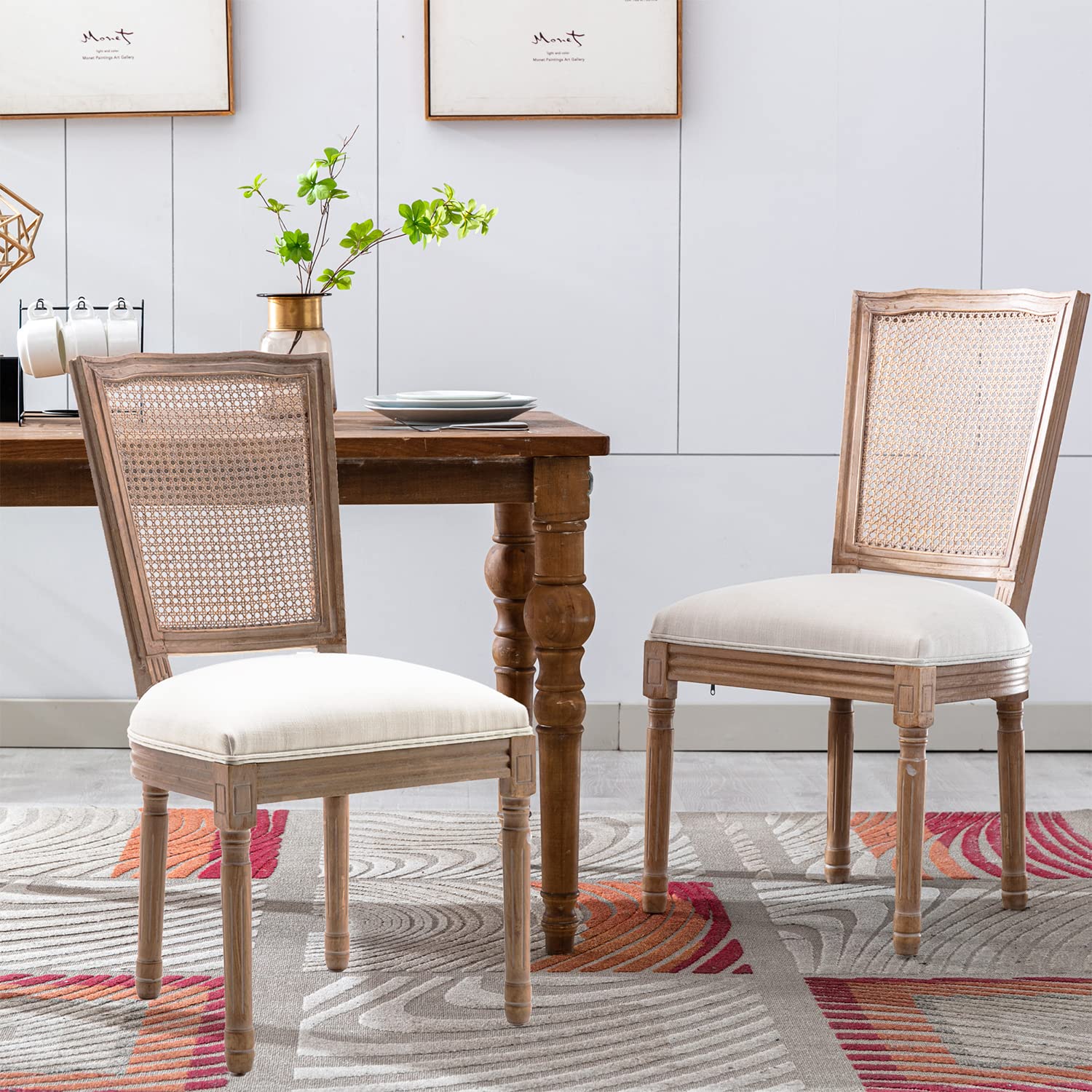 Nrizc French Country Dining Chairs Set of 4, Farmhouse Fabric Chairs with Round Back, Rattan Dining Chair, Oval Side Chairs for Dining Room/Living Room/Kitchen/Restaurant