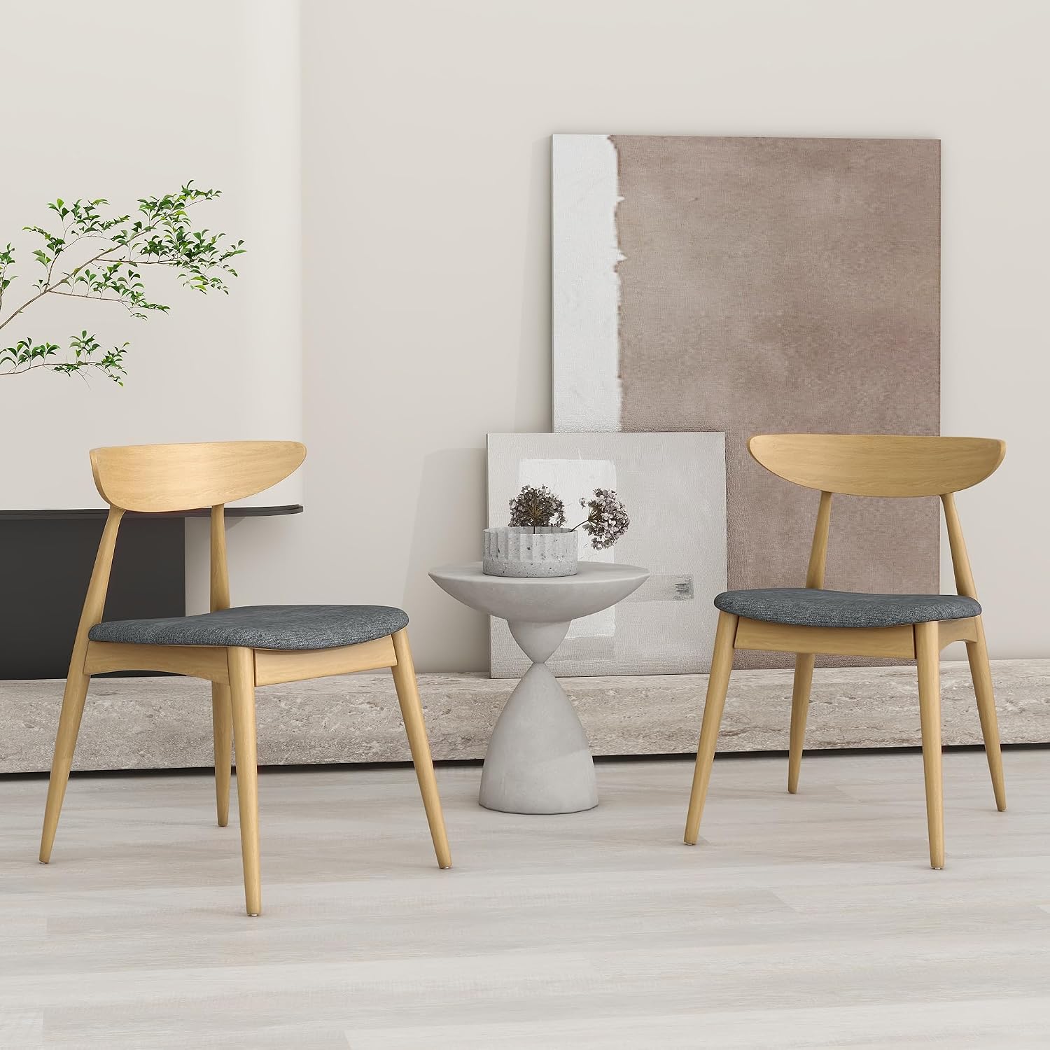 22" Retro Upholstered Dining Chair, Ergonomic Back, Natural & Grey