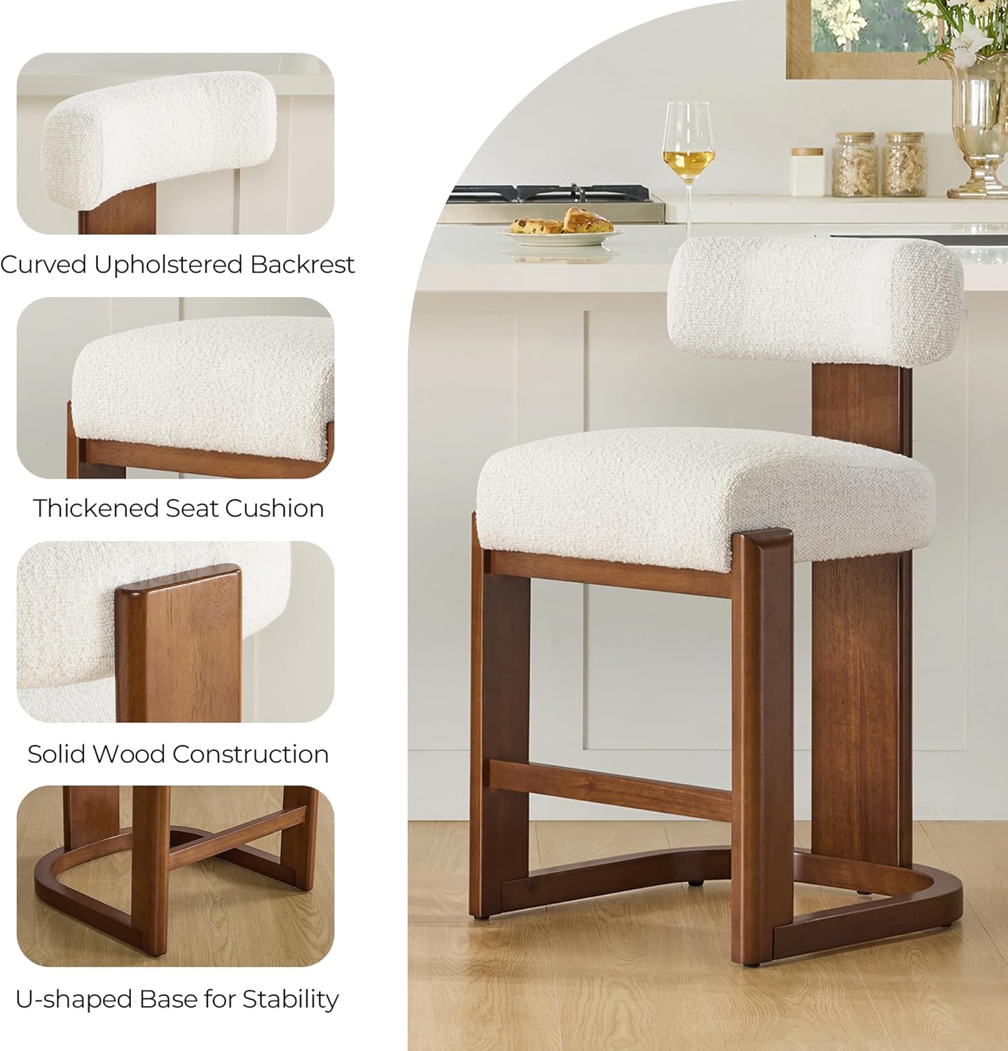 2PC Upholstered Counter Bar Stools, Oatmeal Fabric with Walnut Wood Legs