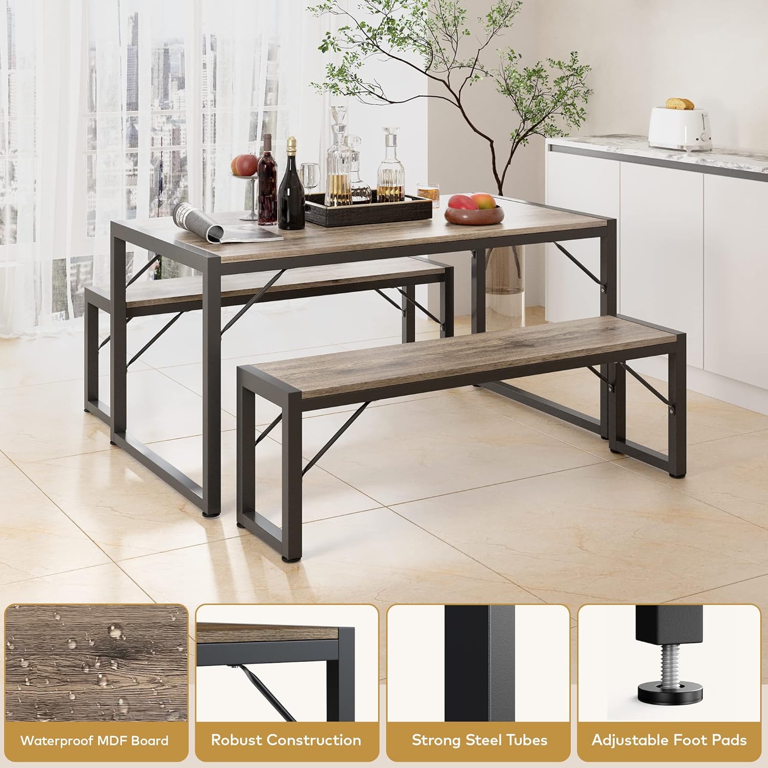 Gizoon 45.5" Dining Table Set for 4 with 2 Benches, Kitchen Table Set with Metal Frame & MDF Board, Space-Saving Dinette for Kitchen, Dining Room -Grey