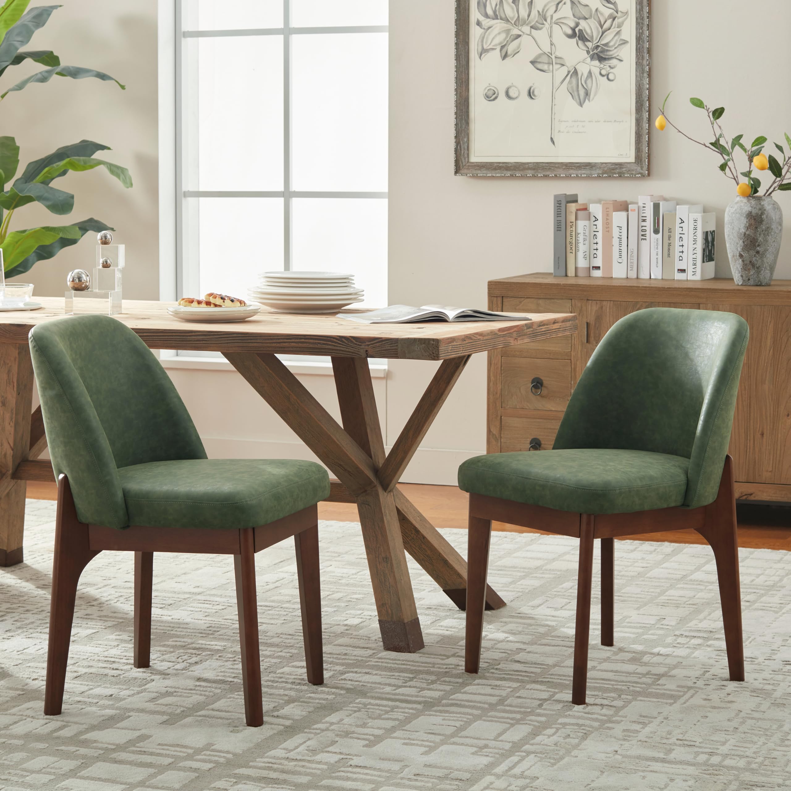 VKNOW Modern Dining Chairs Set of 2, Faux Leather Kitchen Chairs with Wood Legs, Upholstered Side Chair for Kitchen Dining Room, Beige