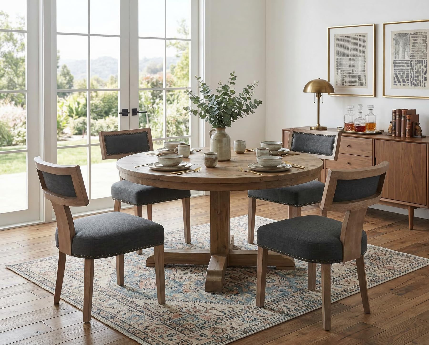 RIVOVA Rattan Dining Chairs Set of 4, Mid Century Modern Dining Chair Upholstered Linen Fabric Kitchen Side Chair, Modern Kitchen Armless Solid Wood Dining Chairs, Beige