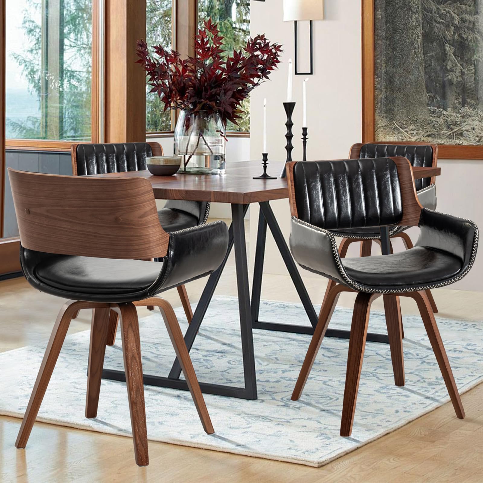 LUNLING Swivel Accent Faux Leather Dining Chairs, Mid Century Modern Chairs with Wooden Legs/Armrest/Upholstered Seat/Adjustable Foots for Kitchen Dining Room Desk Chairs,Green,1PCS