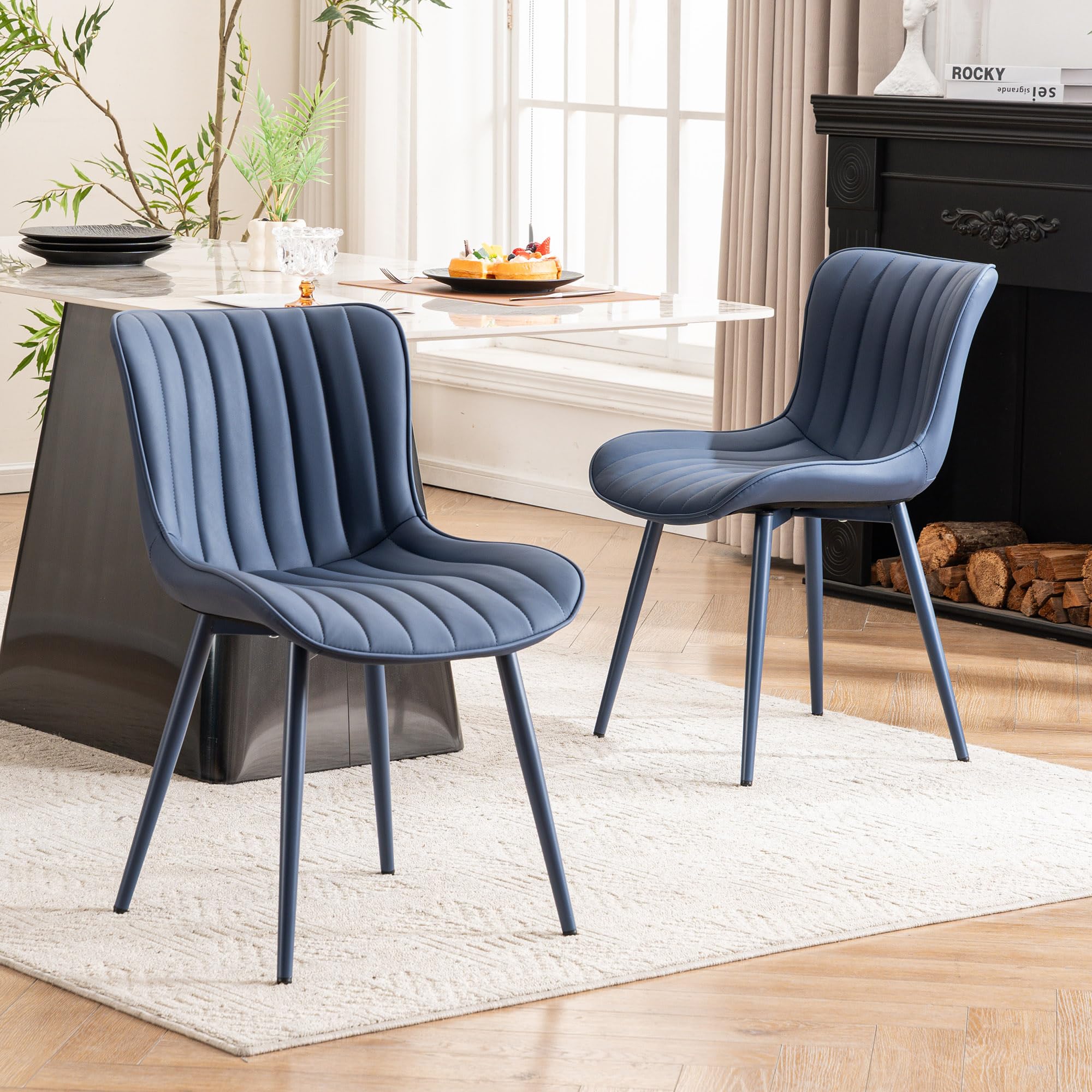 YOUNUOKE Mid-Century Modern Dining Chairs Set of 2, Blue PU Leather Upholstered Kitchen Chairs with Black Metal Legs, Armless Accent Chair for Dining Room, Guest Reception Room