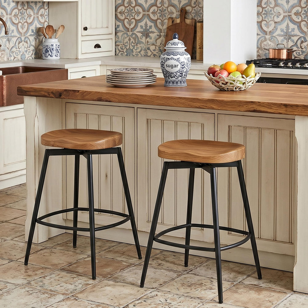 Flouki Bar Stools Set of 4, 25 Inch Solid Wood Saddle Barstools, Counter Height Bar Stools with Swivel Mechanism, Robust Metal Structure for Kitchen Island, Dining Room, Easy Assembly, Brown