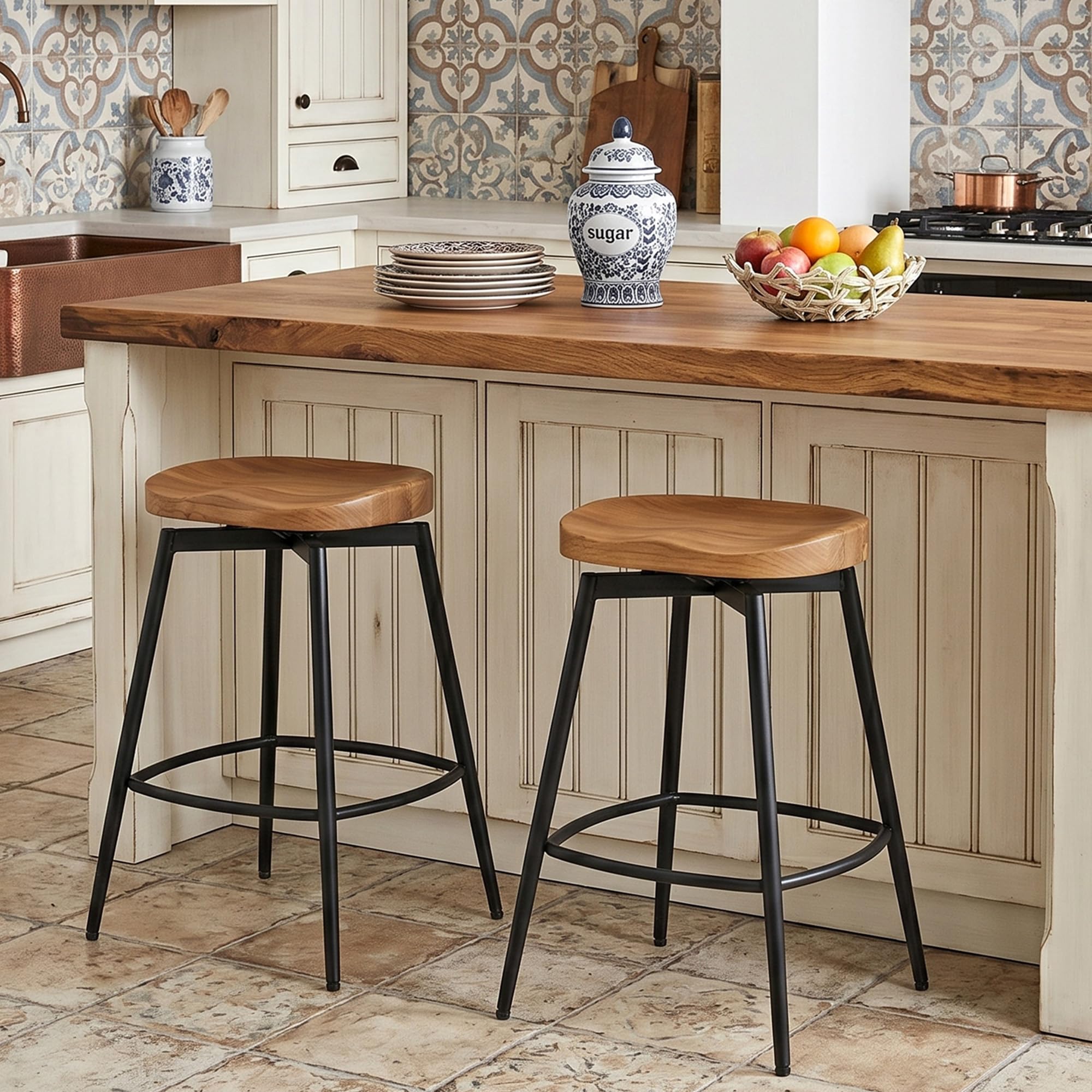 Flouki Bar Stools Set of 4, 25 Inch Solid Wood Saddle Barstools, Counter Height Bar Stools with Swivel Mechanism, Robust Metal Structure for Kitchen Island, Dining Room, Easy Assembly, Brown