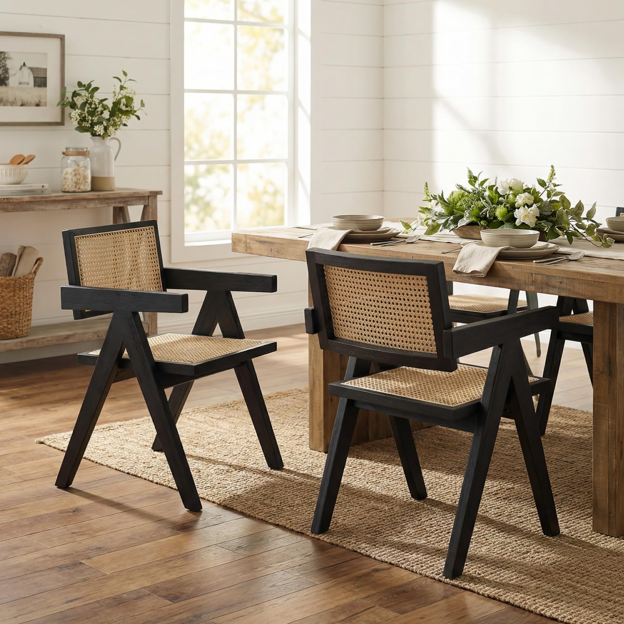 Hyfirm Rattan Dining Chairs Set of 2, Cane Back Wooden Kitchen Chairs with Bamboo Wicker Seat Mid Century Modern Side Chairs with Arms, Walnut