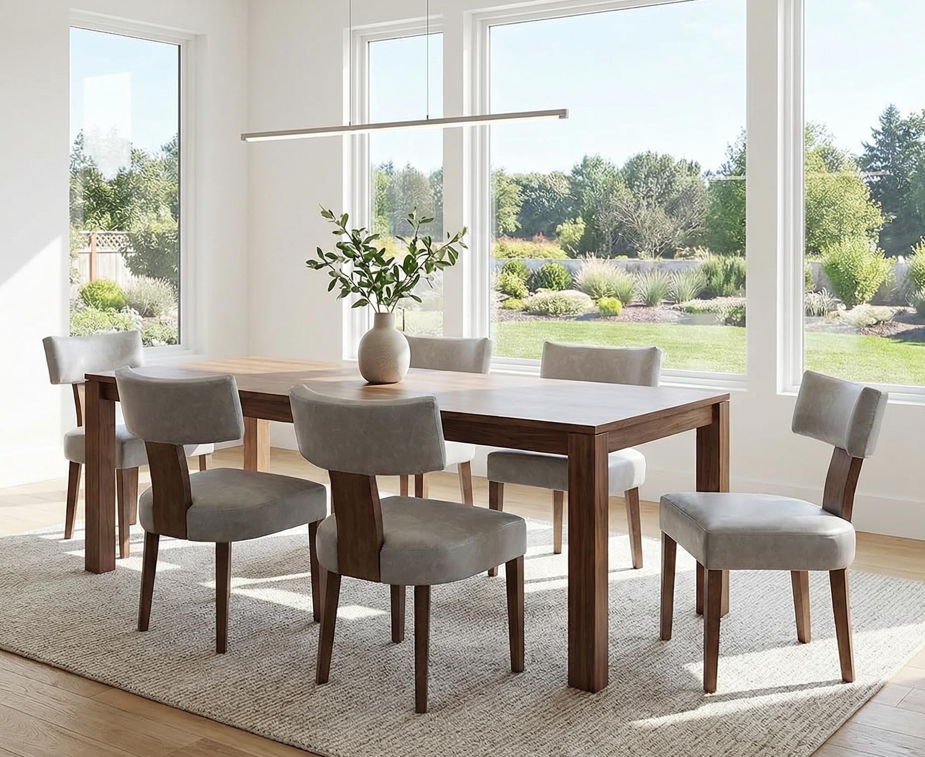 RIVOVA Rattan Dining Chairs Set of 4, Mid Century Modern Dining Chair Upholstered Linen Fabric Kitchen Side Chair, Modern Kitchen Armless Solid Wood Dining Chairs, Beige