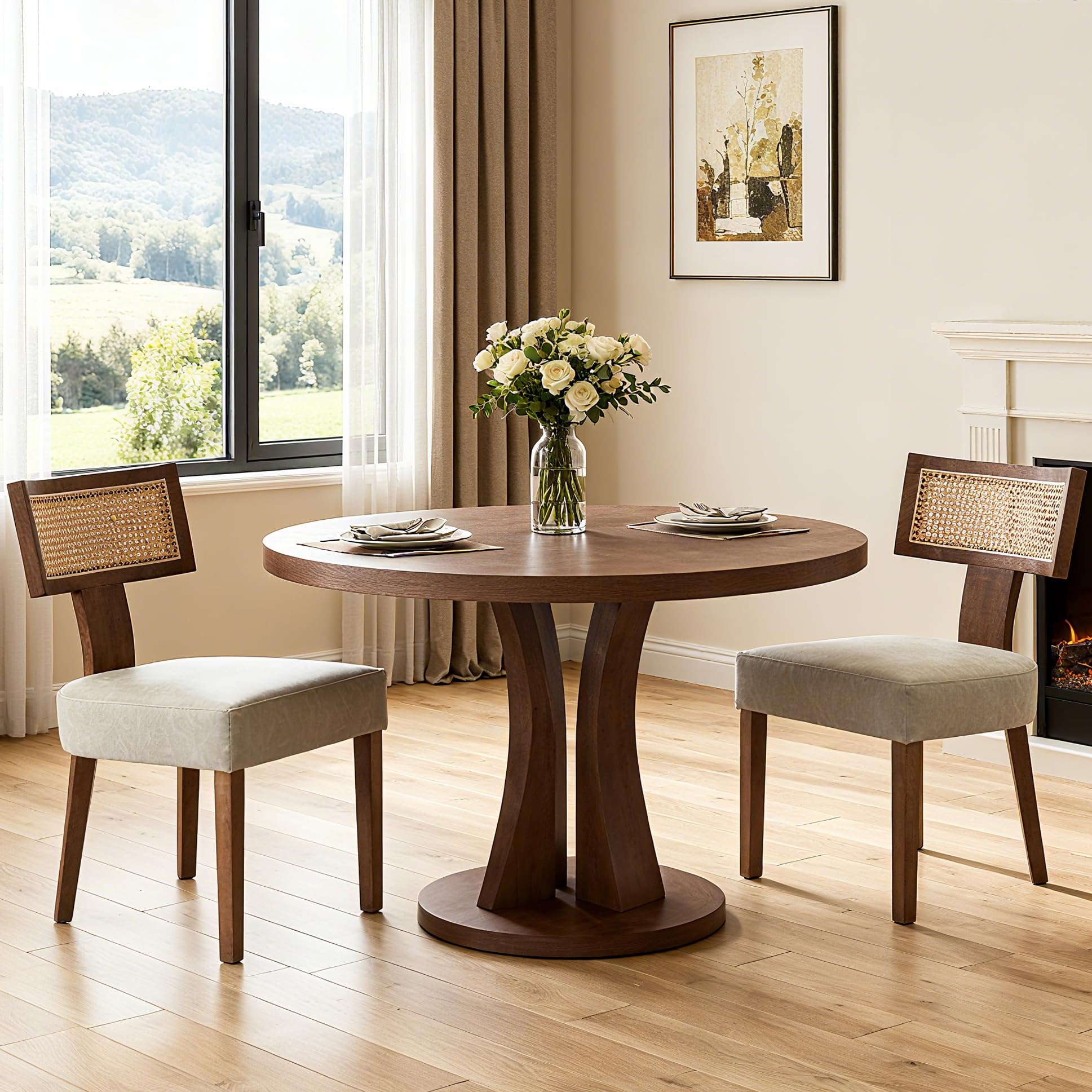 RIVOVA Rattan Dining Chairs Set of 4, Mid Century Modern Dining Chair Upholstered Linen Fabric Kitchen Side Chair, Modern Kitchen Armless Solid Wood Dining Chairs, Beige