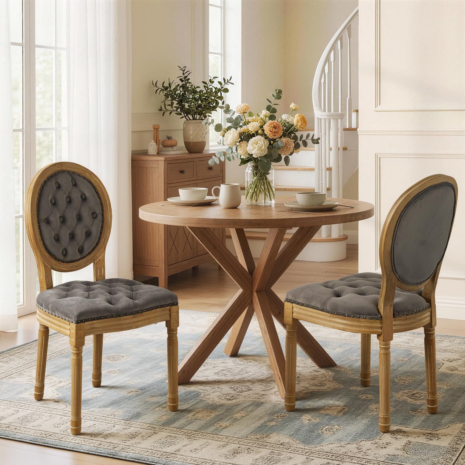 SoarFlash French Dining Chairs Set of 2, Vantage Dining Chair with Round Back, Wood Leg Farmhouse Country Rattan Dining Chair for Kitchen,Bedroom,Beige