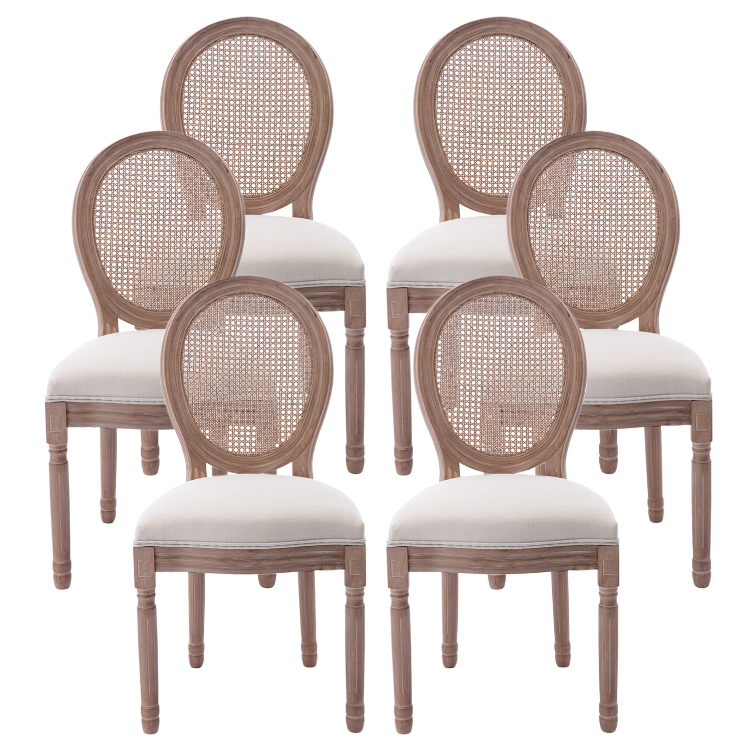 Nrizc French Country Dining Chairs Set of 4, Farmhouse Fabric Chairs with Round Back, Rattan Dining Chair, Oval Side Chairs for Dining Room/Living Room/Kitchen/Restaurant