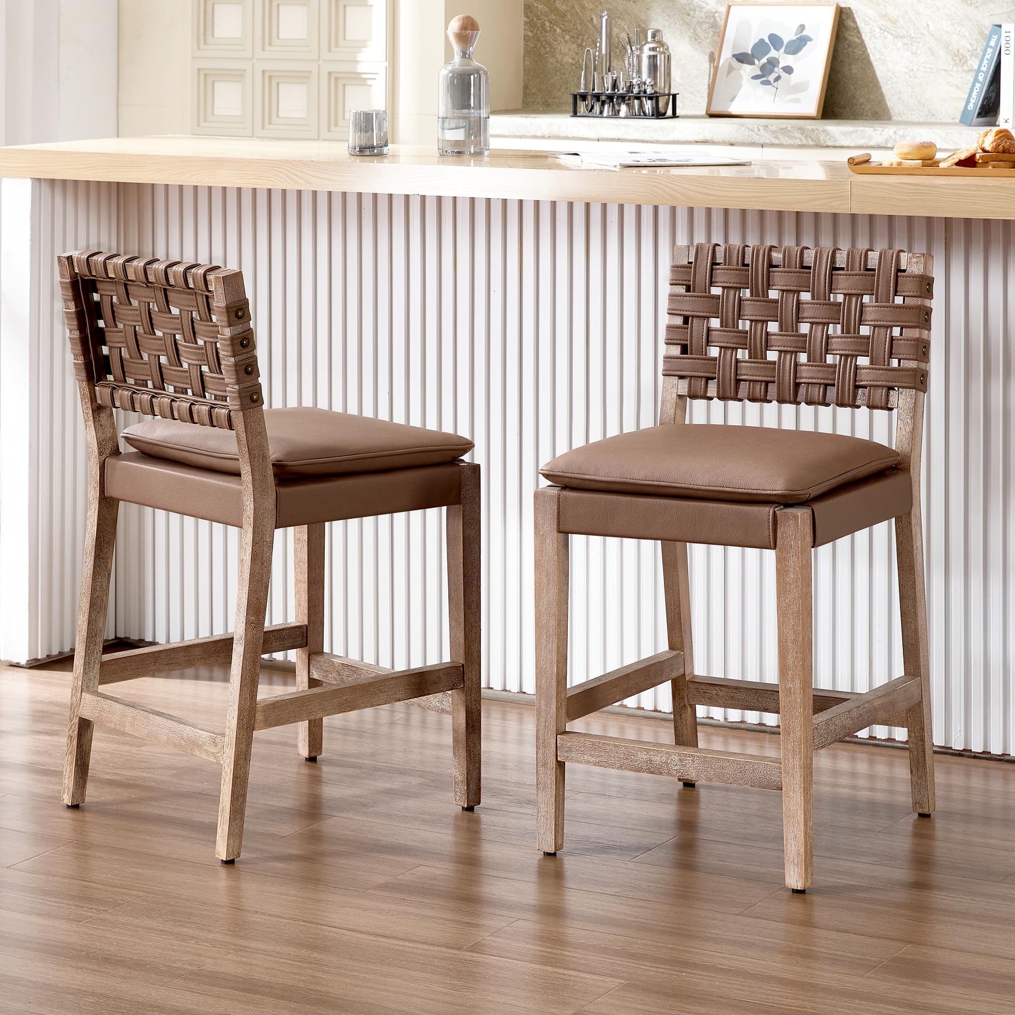 Modern Bar Stools Set of 2 Counter Height Barstools High Back Mid-Century Faux Leather Bar Chairs Solid Wood Kitchen Bar Stools for Kitchen Island Leather Beige 24IN