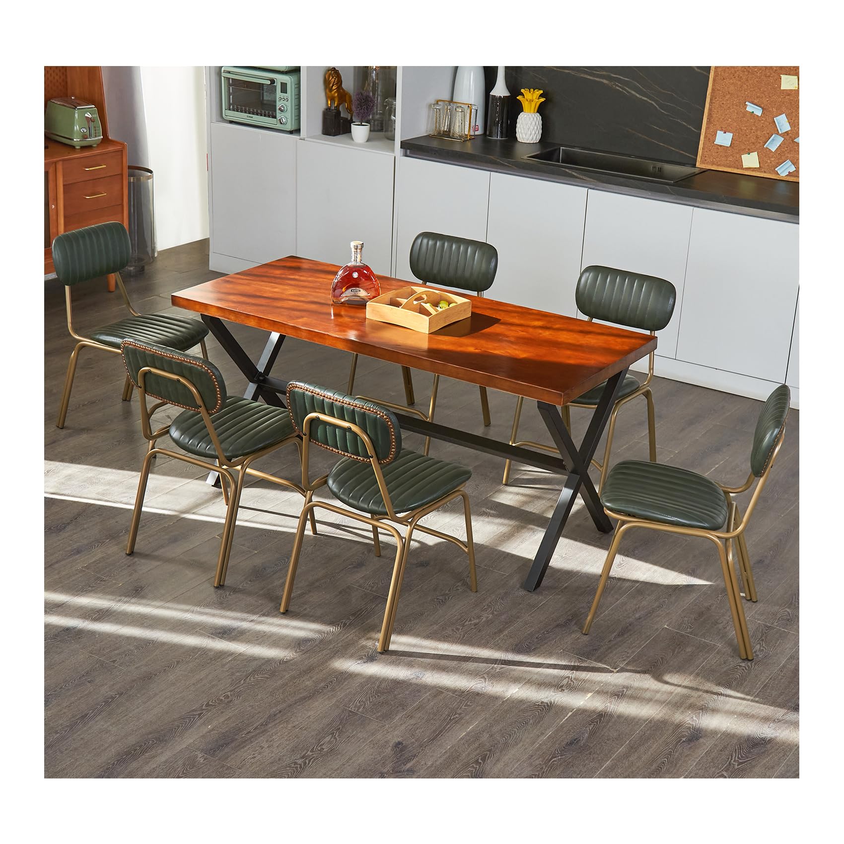 Mid Century Modern Dining Chairs Set of 2, Retro Chair with Faux Leather Upholstered Seat & Solid Wood Backrests & Vintage Distressing Metal Legs & Leg Protectors for Kitchen Dining Room (Dark Green)