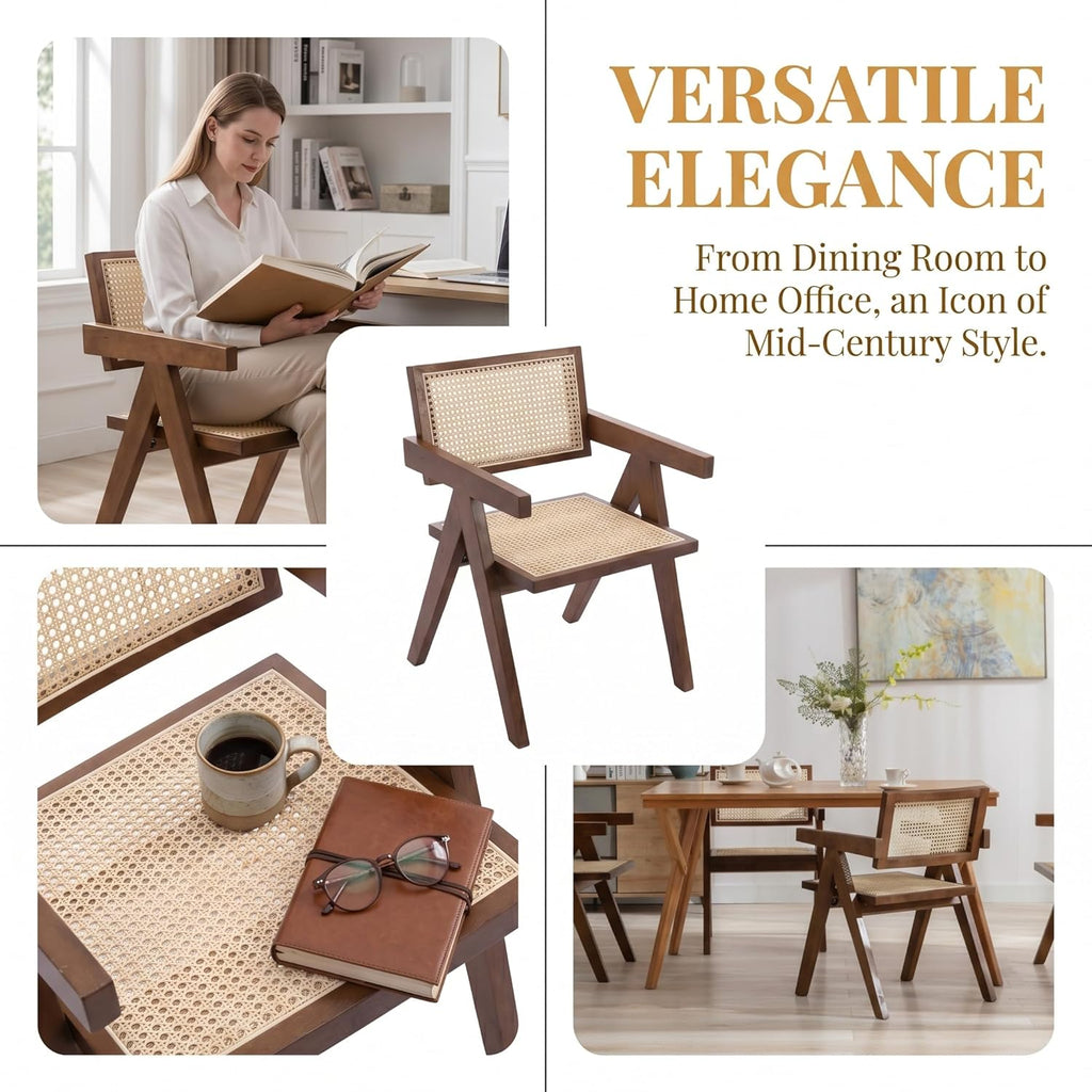 Hyfirm Rattan Dining Chairs Set of 2, Cane Back Wooden Kitchen Chairs with Bamboo Wicker Seat Mid Century Modern Side Chairs with Arms, Walnut