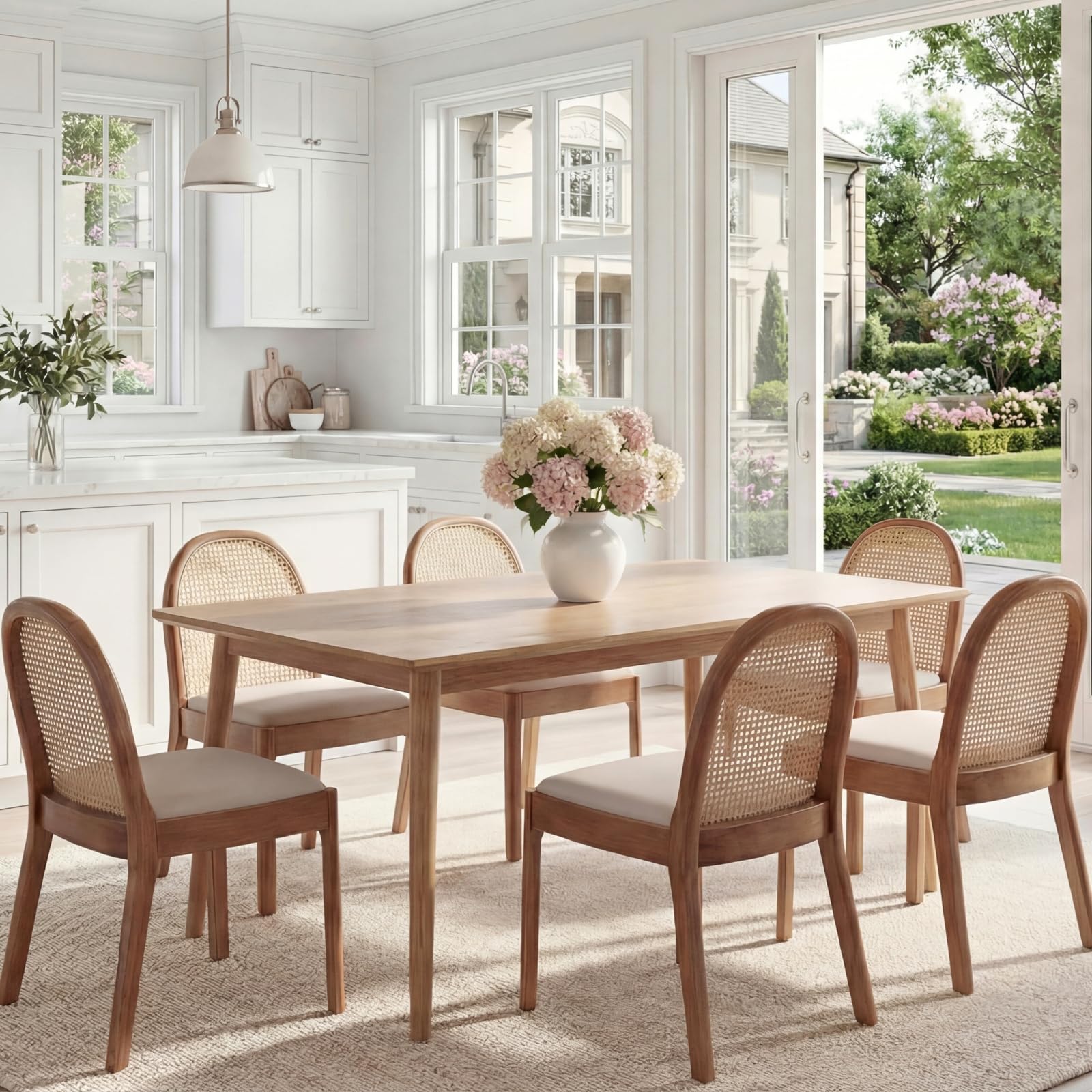 HEAH-YO Rattan Dining Chairs Set of 2, Upholstered Linen Dining Room Chairs with Backrests, Modern Kitchen Chairs with Wood Legs for Dining Room, Beige