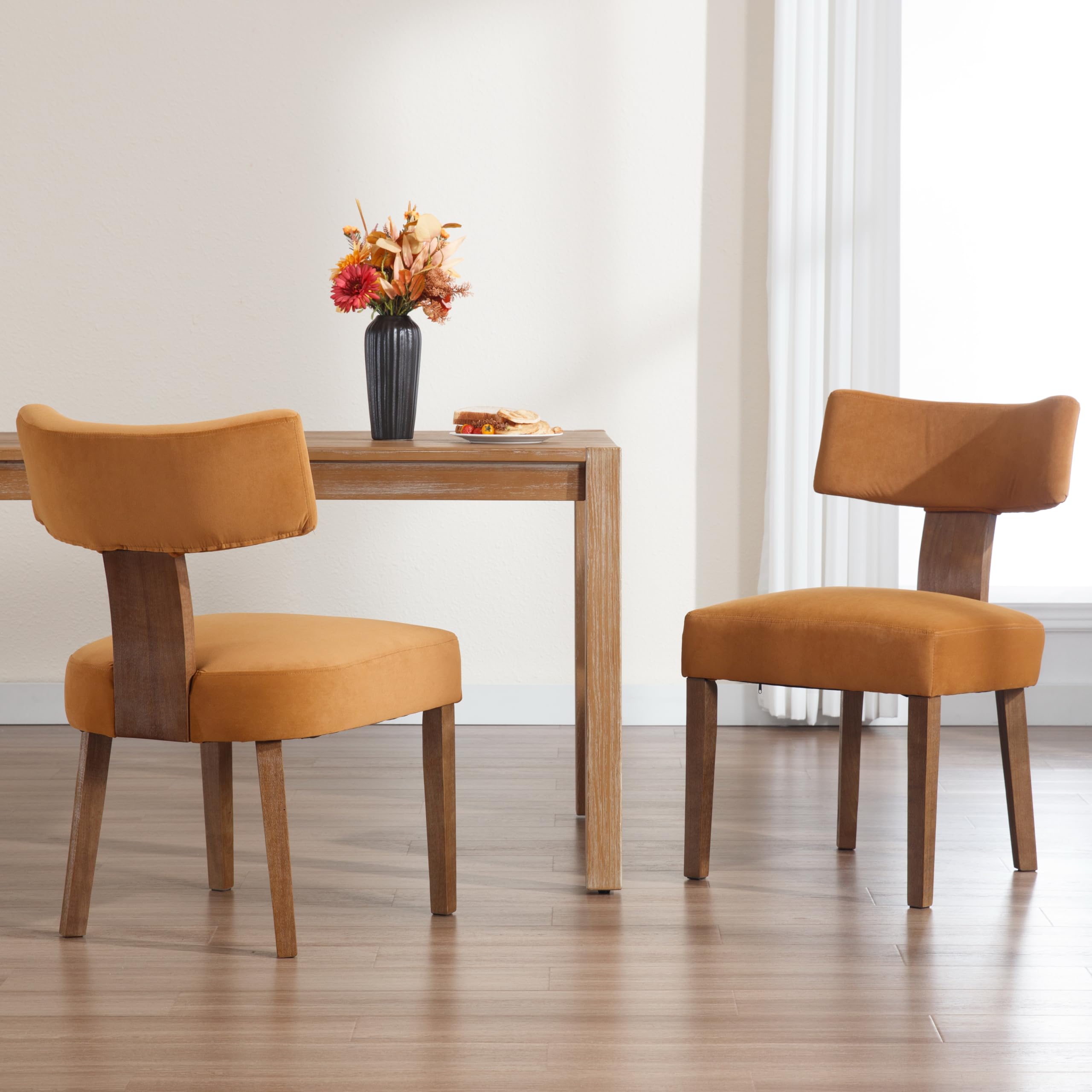 RIVOVA Rattan Dining Chairs Set of 4, Mid Century Modern Dining Chair Upholstered Linen Fabric Kitchen Side Chair, Modern Kitchen Armless Solid Wood Dining Chairs, Beige