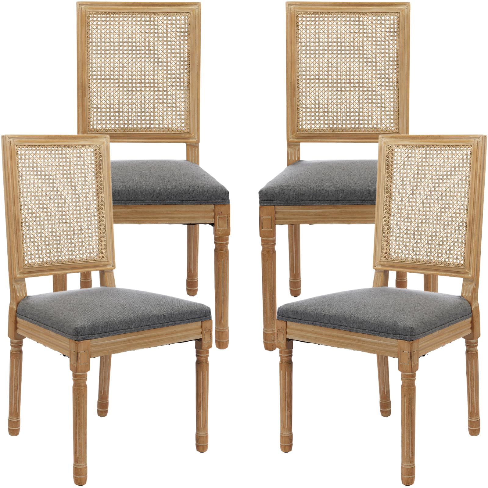Vintage French Rattan Dining Chairs Set of 6, Square Back Side Chairs with Rattan Backrest, Upholstered Linen Seat and Solid Wood Frame, Sillas de Comedor for Dining Room & Kitchen, Dark Gray