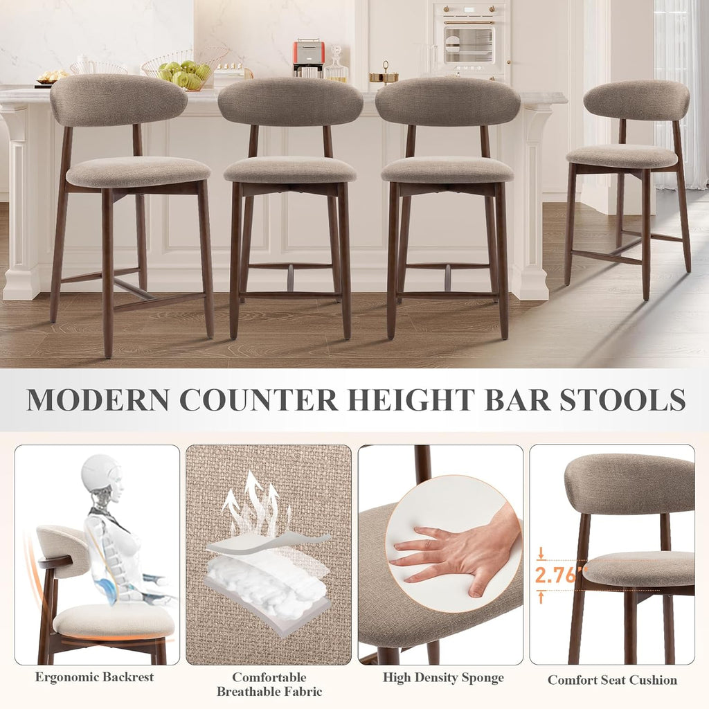 COLAMY Upholstered Counter Bar Stools, Kitchen Island Stools with Back, Modern Counter Height Stools with Wood Legs for Kitchen Island Dining Room Bar, Camel