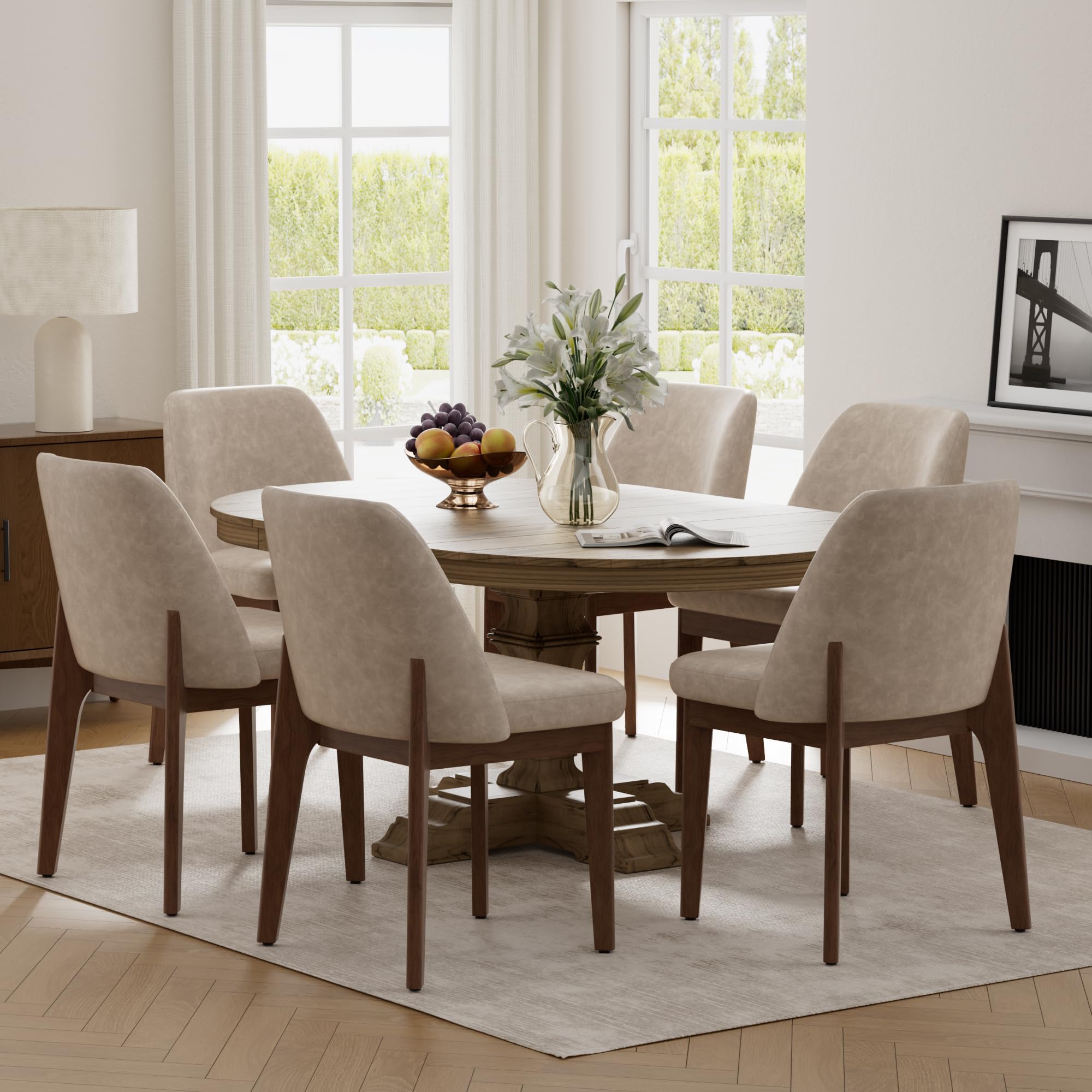 VKNOW Modern Dining Chairs Set of 2, Faux Leather Kitchen Chairs with Wood Legs, Upholstered Side Chair for Kitchen Dining Room, Beige