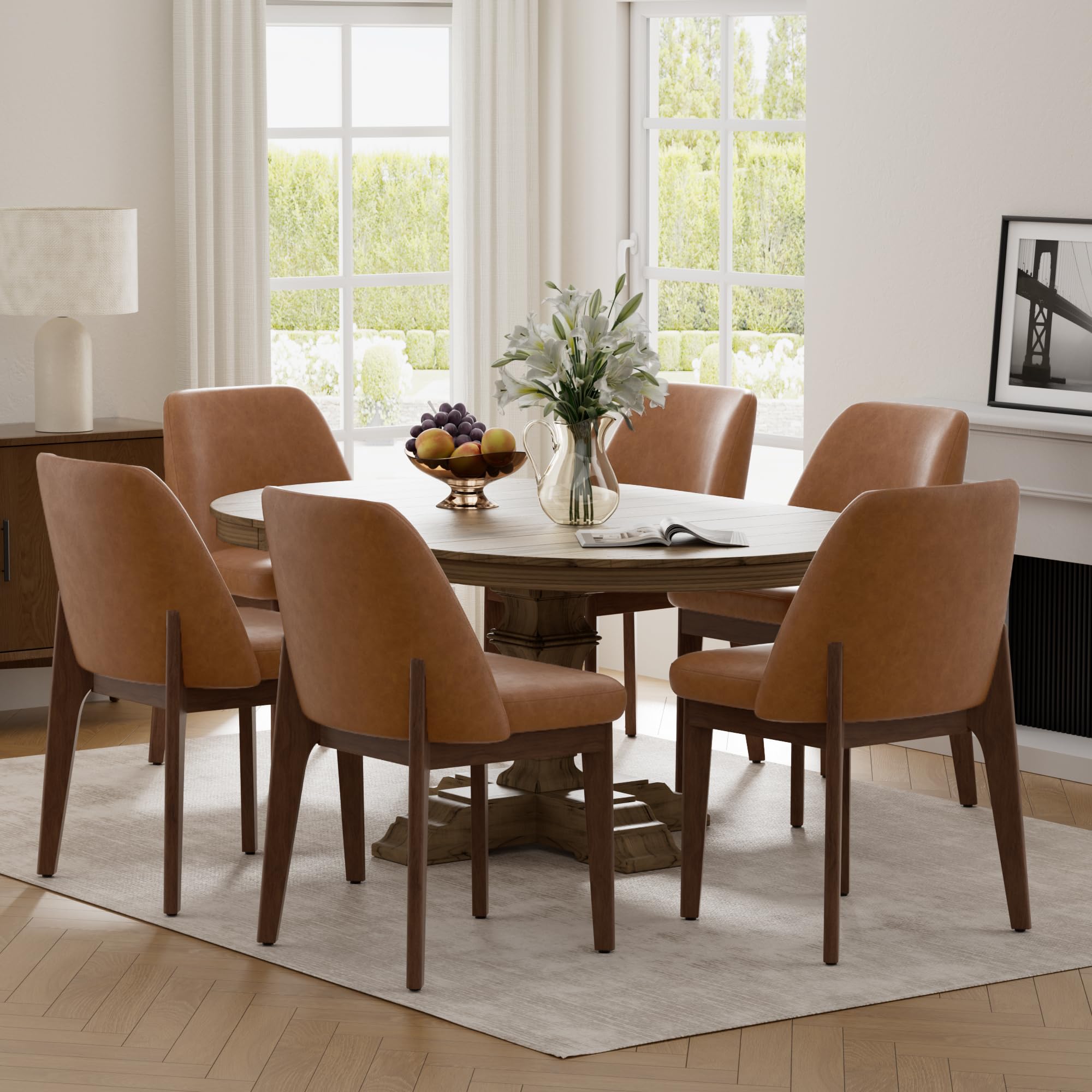 VKNOW Modern Dining Chairs Set of 2, Faux Leather Kitchen Chairs with Wood Legs, Upholstered Side Chair for Kitchen Dining Room, Beige