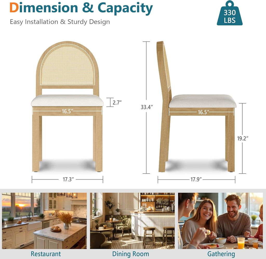 STHOUYN Upholstered Rattan Dining Chairs Set of 4, Farmhouse Solid Wood Dining Room Chair with Natural Rattan Woven Back and Chenille Seat, Mid-Century Modern Wooden Kitchen Chairs (4, Cream White)