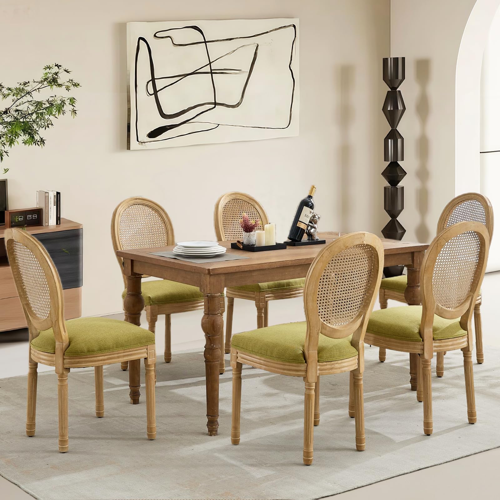 Rattan Back Upholstered Dining Chairs Set of 4 French Country Oval Kitchen Side Chairs with Wood Legs for Dining Room, Kitchen, Restaurant(Beige-Rattan)