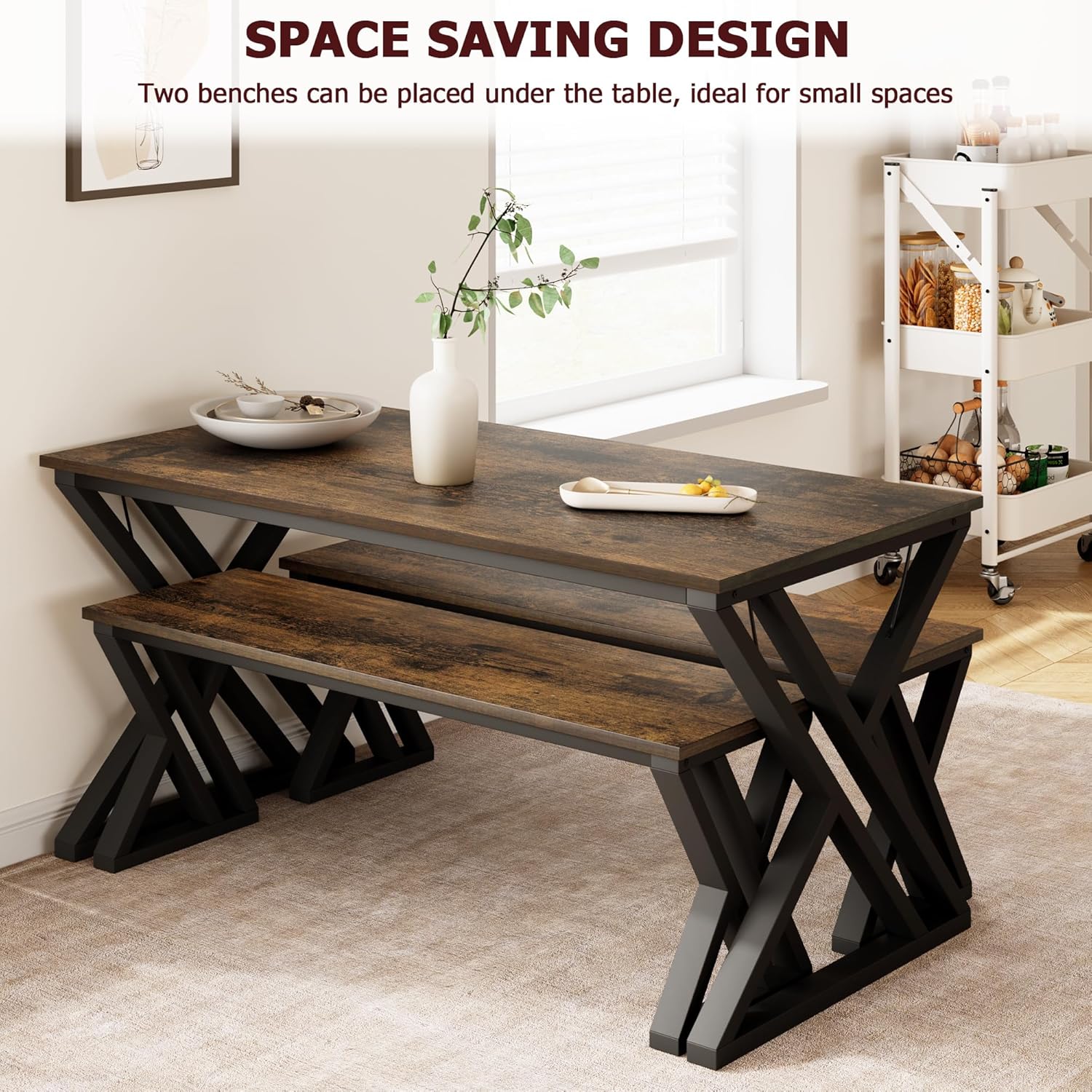 GarveeHome Kitchen Table with 2 Benches, Dining Table Set for 4, Saving Space Dining Room Table Set for Kitchen, Dining Room, Apartment, Sturdy Metal Frame, Vintage Brown