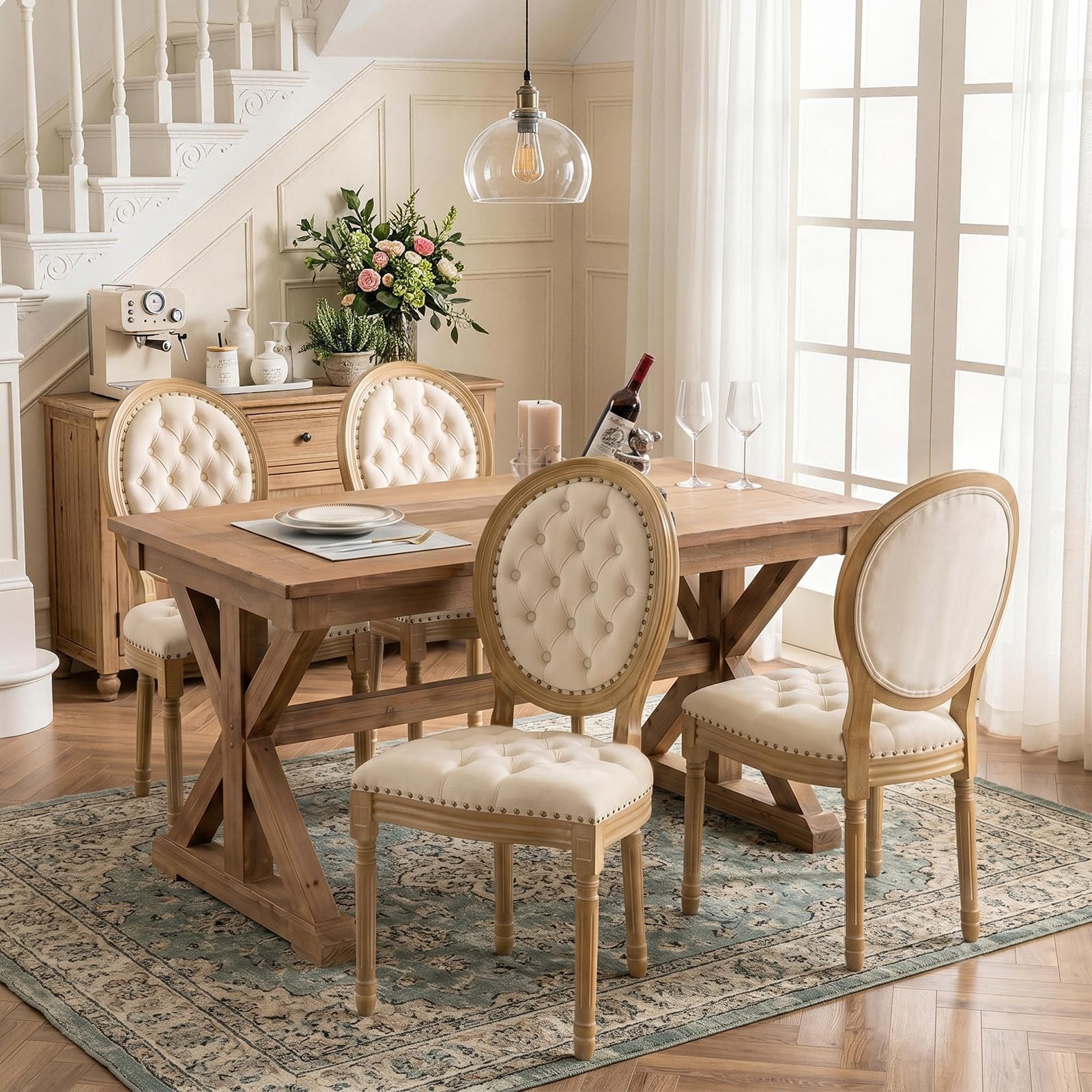SoarFlash French Dining Chairs Set of 2, Vantage Dining Chair with Round Back, Wood Leg Farmhouse Country Rattan Dining Chair for Kitchen,Bedroom,Beige