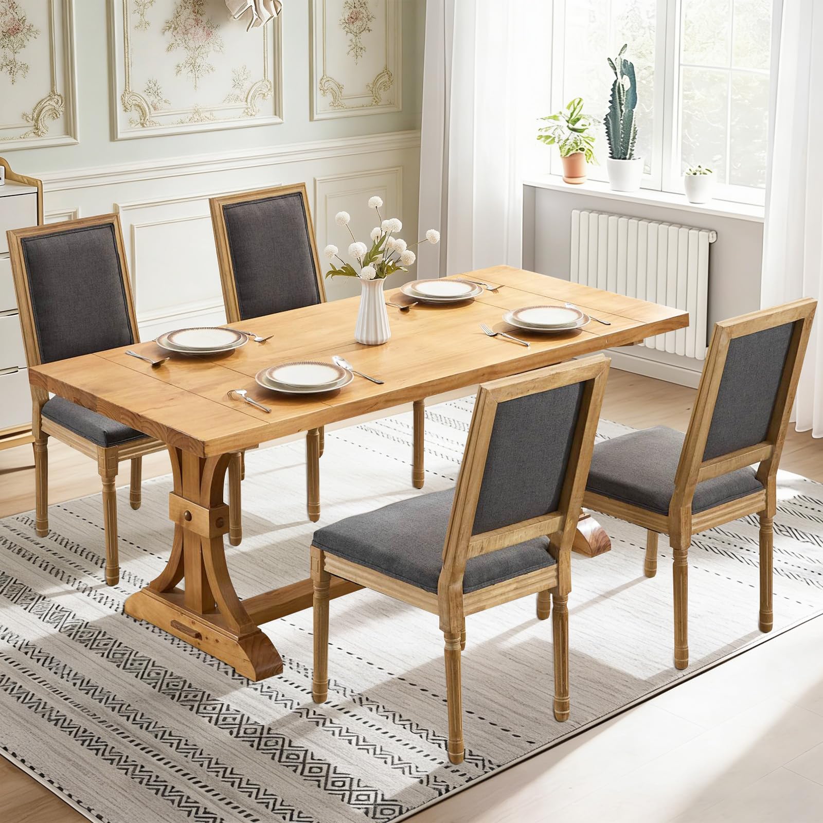 Rattan Back Upholstered Dining Chairs Set of 4 French Country Oval Kitchen Side Chairs with Wood Legs for Dining Room, Kitchen, Restaurant(Beige-Rattan)