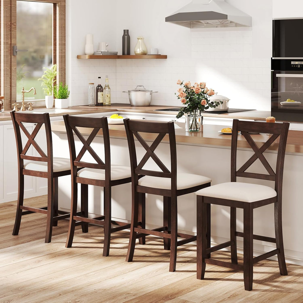 Giantex 24" Bar Stools Set of 4, Farmhouse Counter Height Barstools w/Footrest, Cross Back, Comfortable Linen Cushion, Upholstered Wood Bar Chairs for Kitchen Island Dining Room Cafe, Walnut & Beige