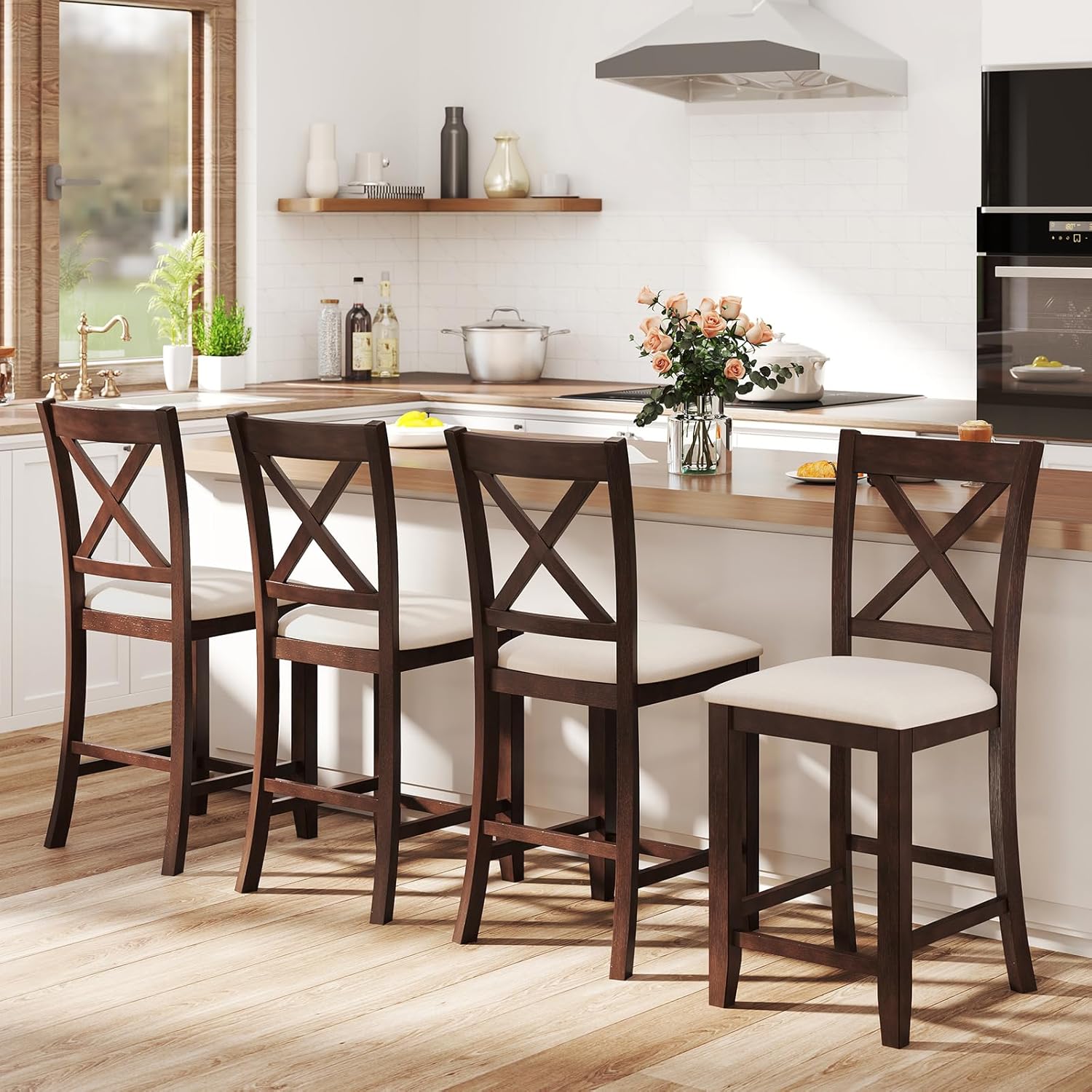 Giantex 24" Bar Stools Set of 4, Farmhouse Counter Height Barstools w/Footrest, Cross Back, Comfortable Linen Cushion, Upholstered Wood Bar Chairs for Kitchen Island Dining Room Cafe, Walnut & Beige