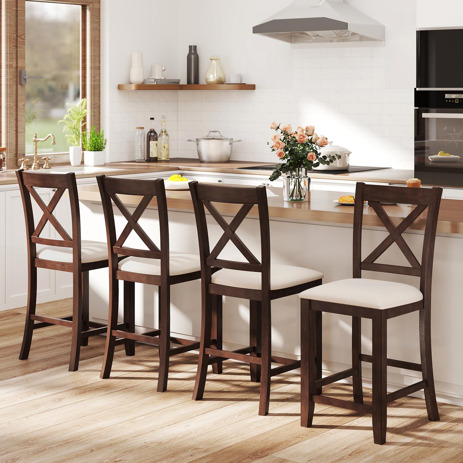 Giantex 24" Bar Stools Set of 4, Farmhouse Counter Height Barstools w/Footrest, Cross Back, Comfortable Linen Cushion, Upholstered Wood Bar Chairs for Kitchen Island Dining Room Cafe, Walnut & Beige