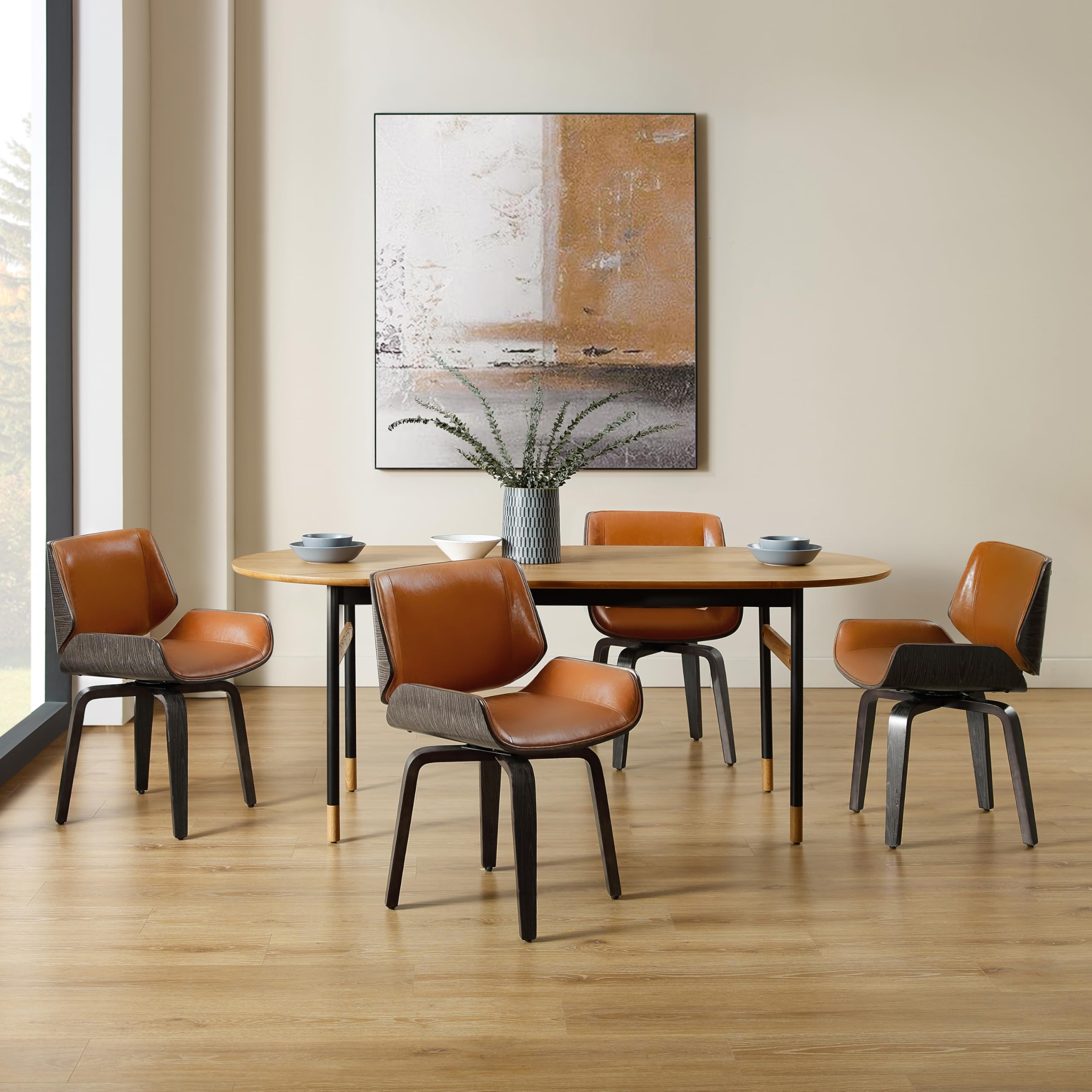 Zouron Swivel Dining Chairs, Mid Century Modern Desk Chairs Retro Faux Leather Chair with Wooden Legs, Kitchen Dining Room Chair with Upholstered Seat, 1 Pcs, Orange Brown