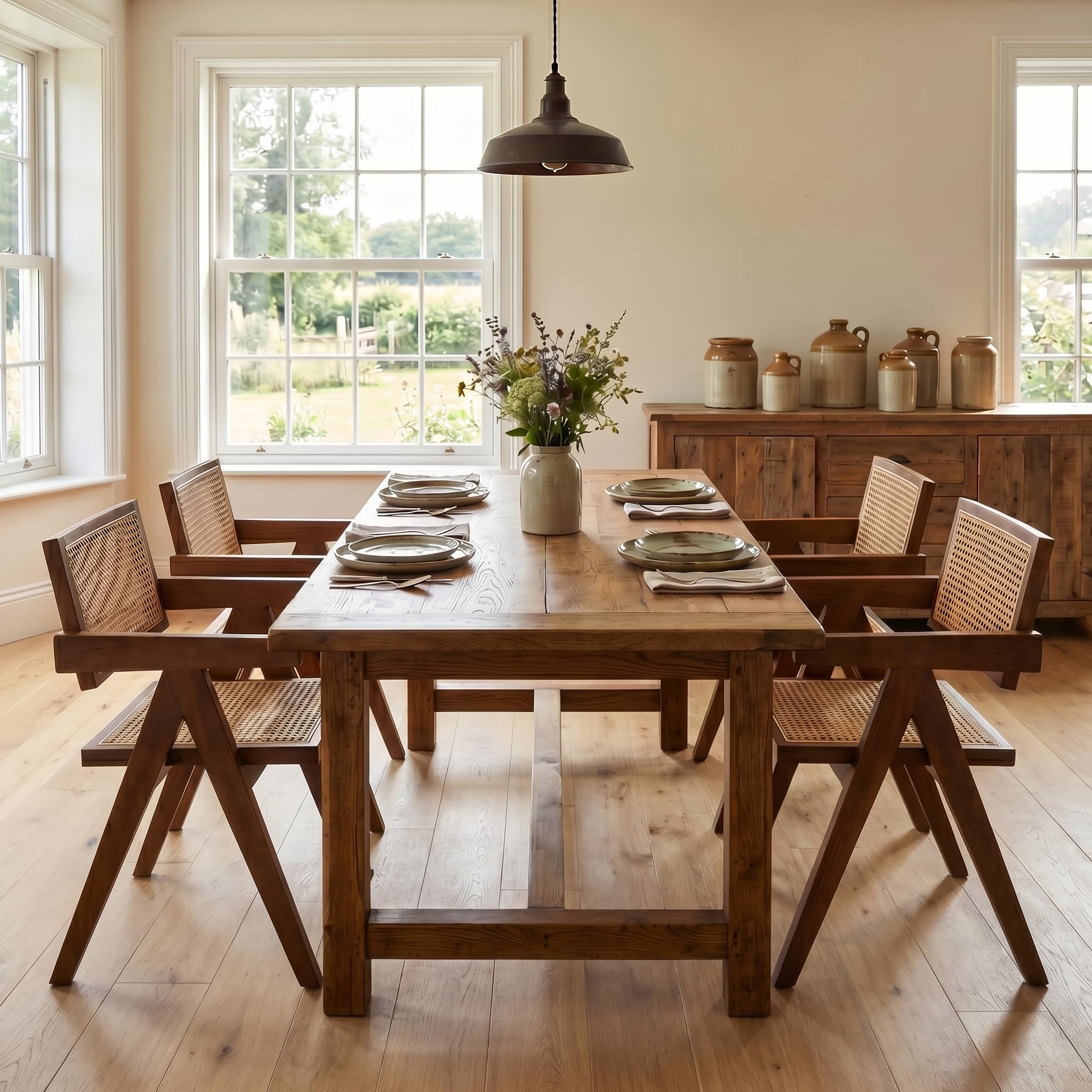 Hyfirm Rattan Dining Chairs Set of 2, Cane Back Wooden Kitchen Chairs with Bamboo Wicker Seat Mid Century Modern Side Chairs with Arms, Walnut