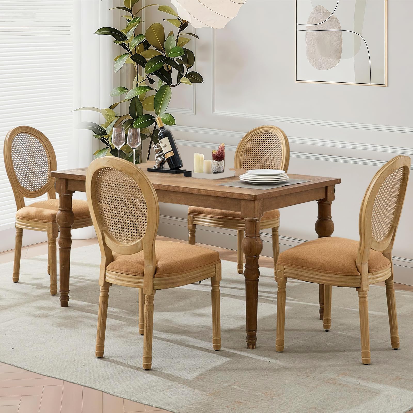 Rattan Back Upholstered Dining Chairs Set of 4 French Country Oval Kitchen Side Chairs with Wood Legs for Dining Room, Kitchen, Restaurant(Beige-Rattan)