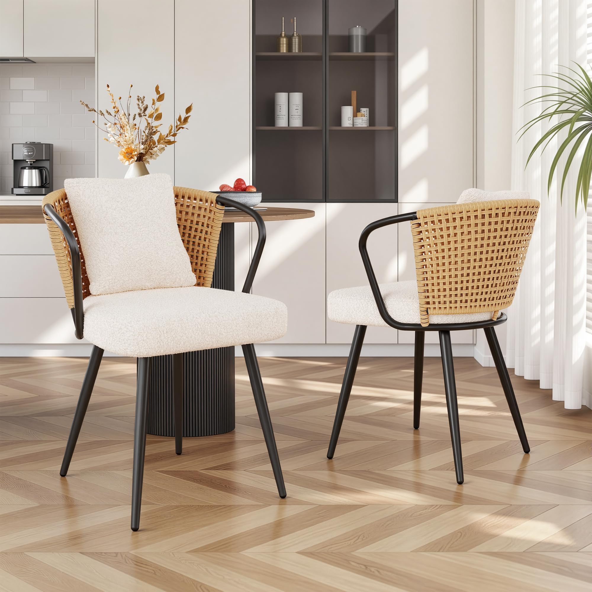 Rattan Dining Chairs Set of 4, Modern Upholstered Kitchen Chair with Metal Legs, Ergonomic Curved Backrest, Mid Century Living Room Chairs with Throw Pillow, Natural