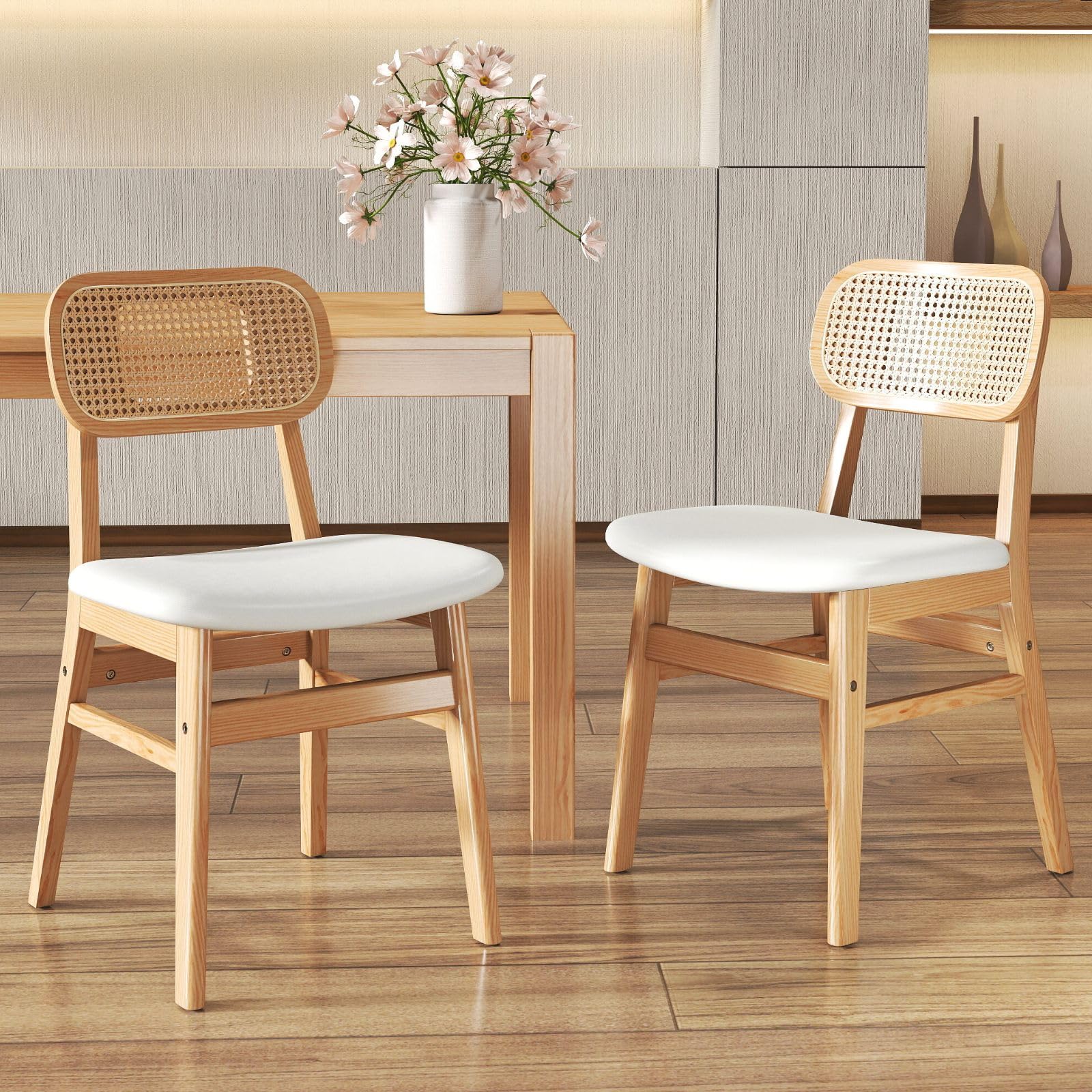 ROCITY Rattan Dining Chairs Set of 2 White Faux Leather Dining Room Chairs Natural Wooden Kitchen Chairs Farmhouse Side Chairs