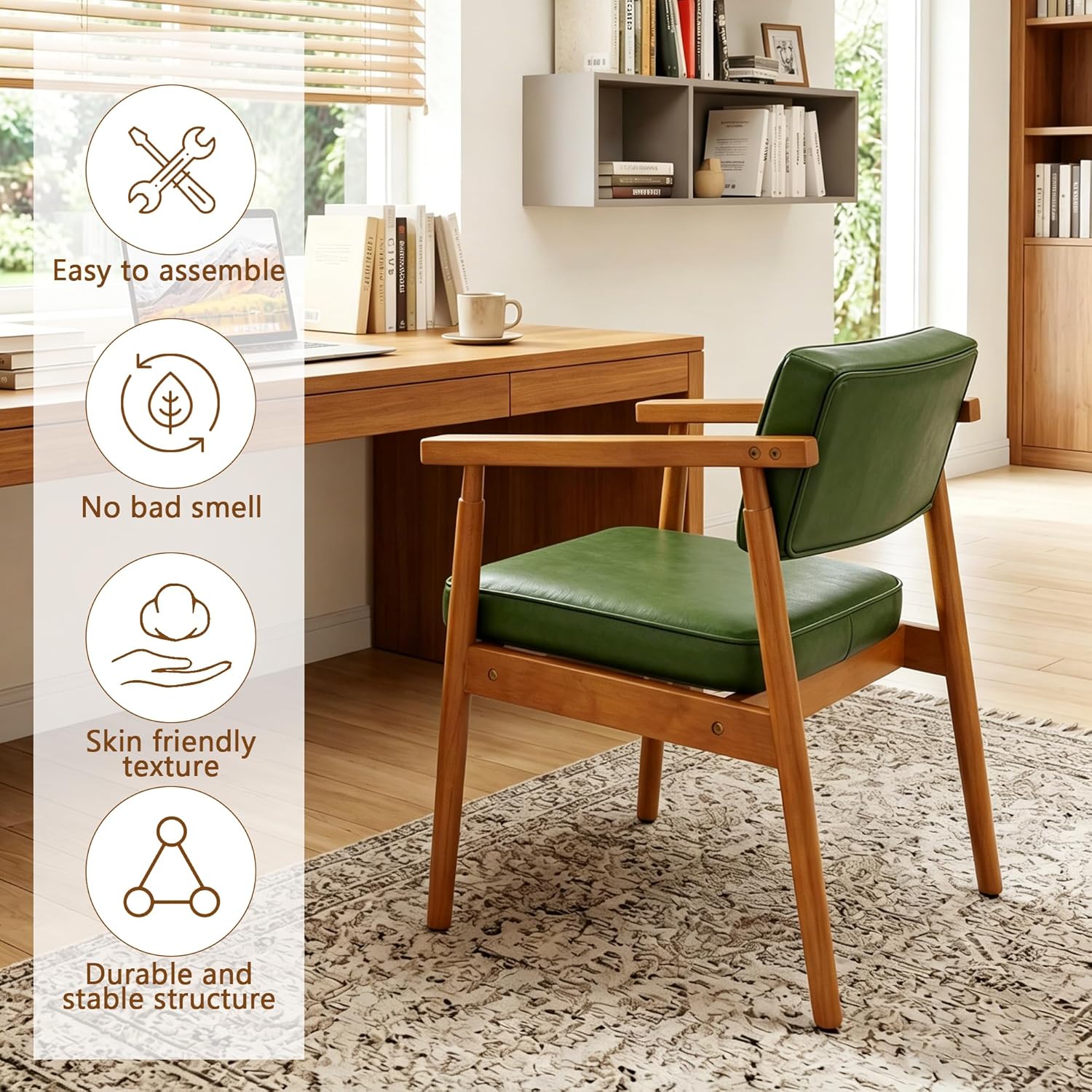 LSSPAID Mid Century Dining Chairs with Wooden Handrail, Pu Upholstered Armchair Comfy Backrest Modern Kitchen Chairs for Bedroom Living Room Dining Room, Green, Set of 1