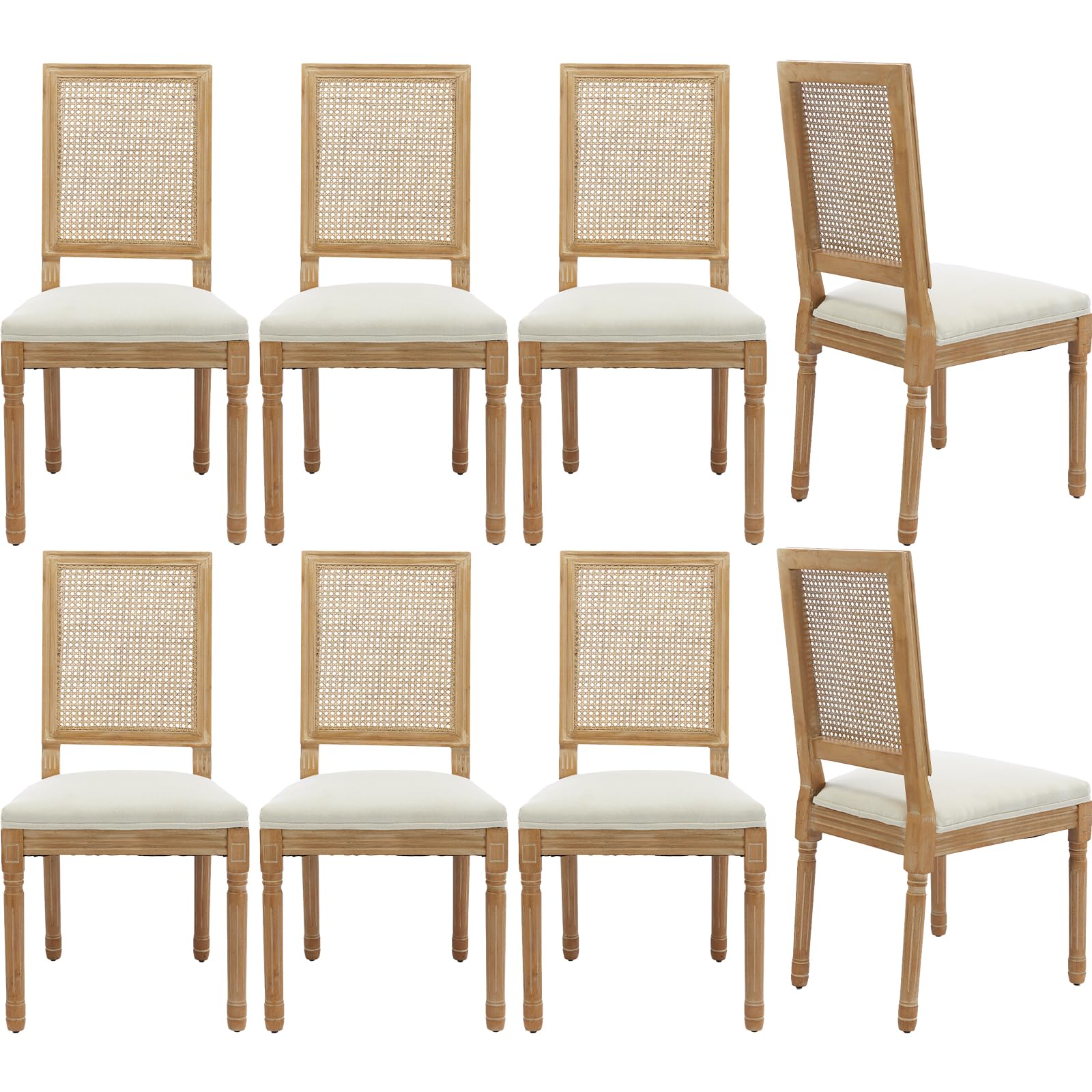 Vintage French Rattan Dining Chairs Set of 6, Square Back Side Chairs with Rattan Backrest, Upholstered Linen Seat and Solid Wood Frame, Sillas de Comedor for Dining Room & Kitchen, Dark Gray