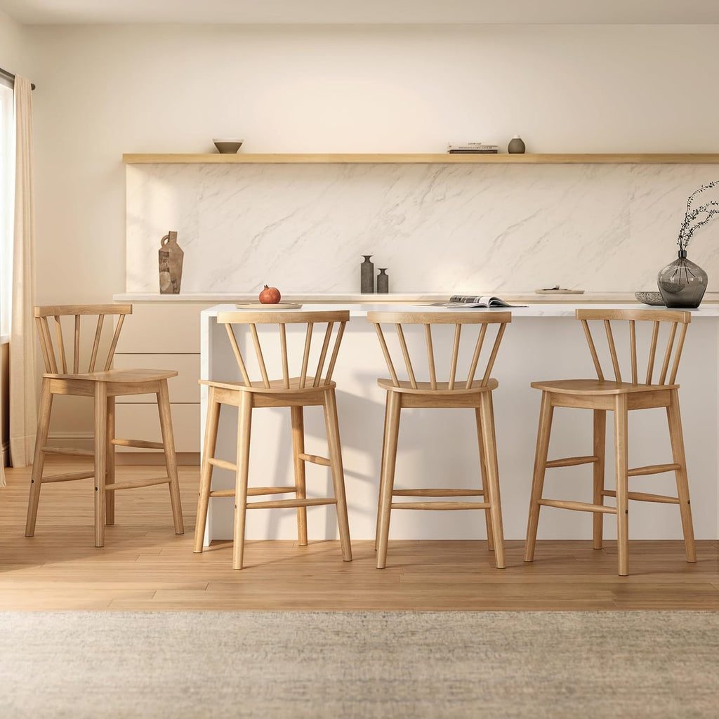 Modern Bar Stools Set of 2, 24" Wooden Counter Height Barstools, Modern Armless Farmhouse Bar Dining Chairs with Back & Footrest for Kitchen Island Pub, Natural Oak