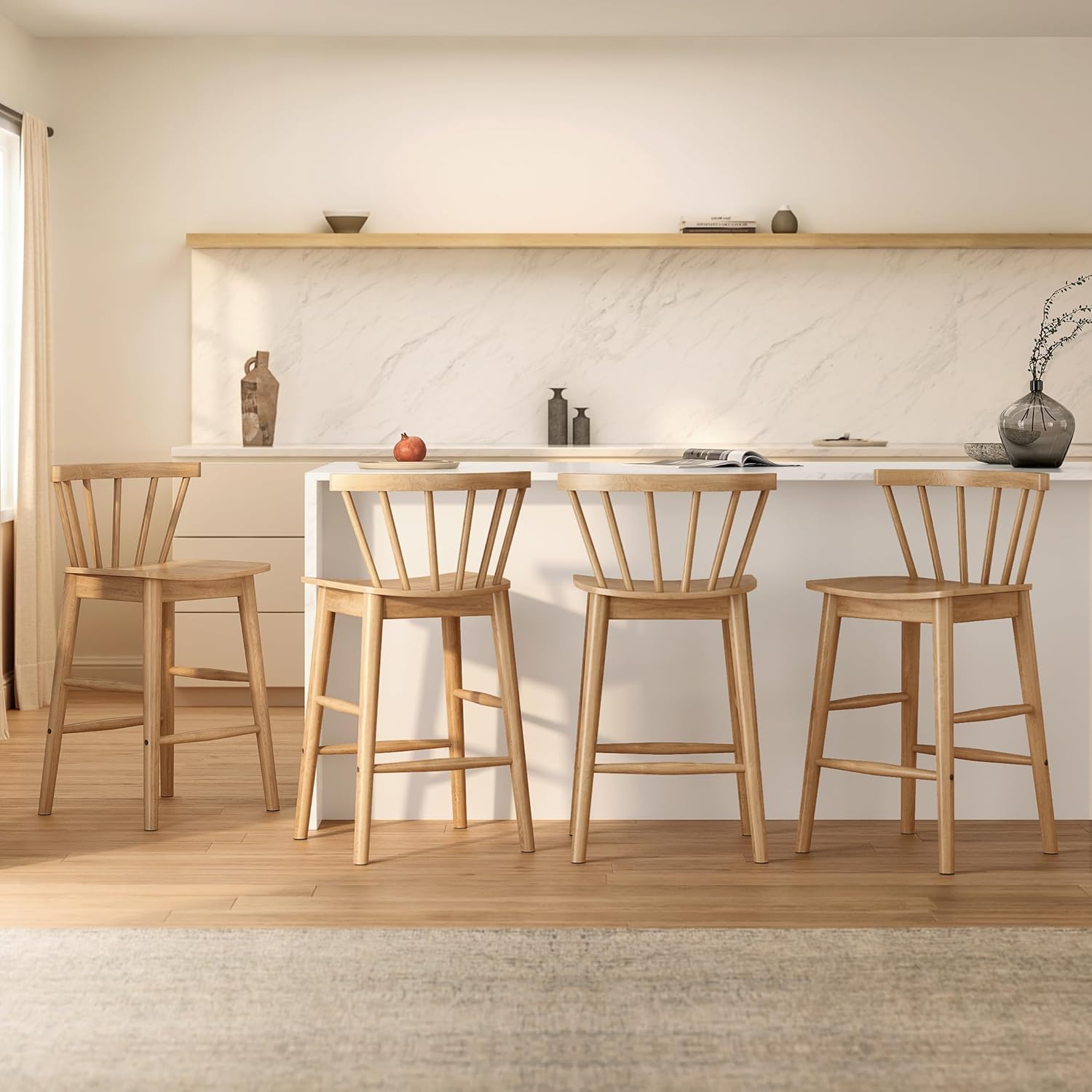 Modern Bar Stools Set of 2, 24" Wooden Counter Height Barstools, Modern Armless Farmhouse Bar Dining Chairs with Back & Footrest for Kitchen Island Pub, Natural Oak