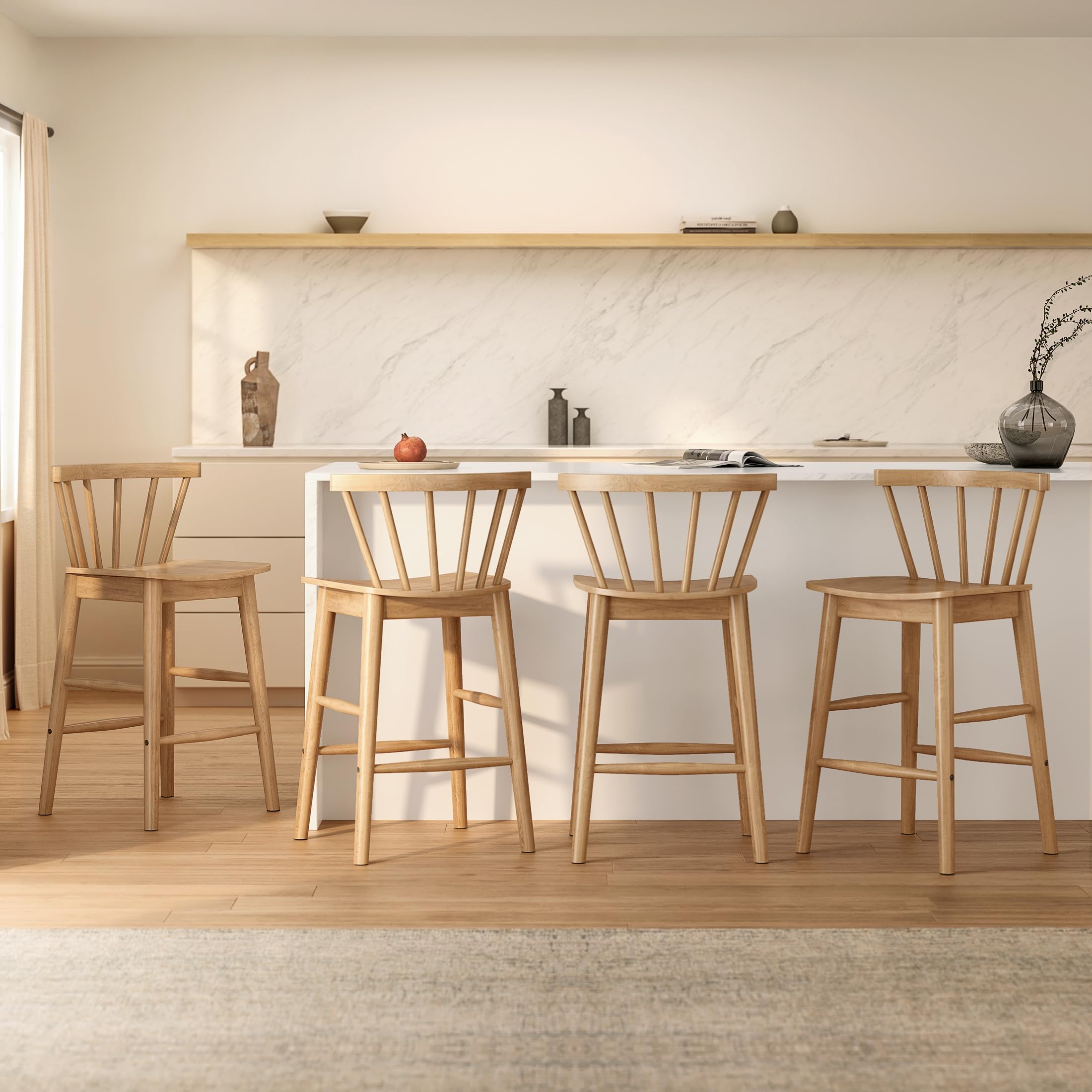 Modern Bar Stools Set of 2, 24" Wooden Counter Height Barstools, Modern Armless Farmhouse Bar Dining Chairs with Back & Footrest for Kitchen Island Pub, Natural Oak