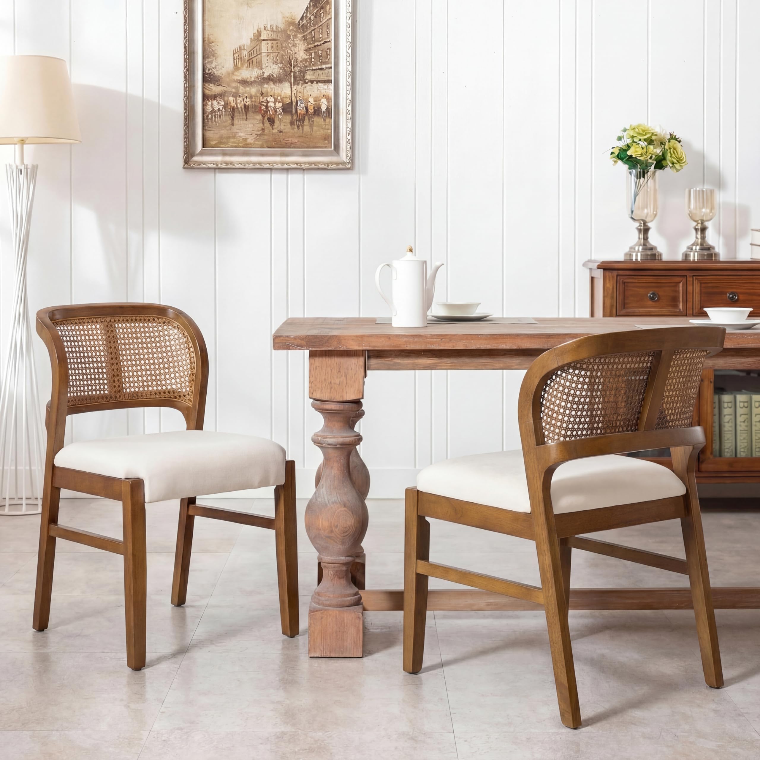 Christopher Knight Home Cayde Upholstered Dining Chairs Set of 2, Kitchen Side Chair with Cane Backrest, Rubberwood Dining Room Chair, Extra Seat for Living Room, Natural+Beige