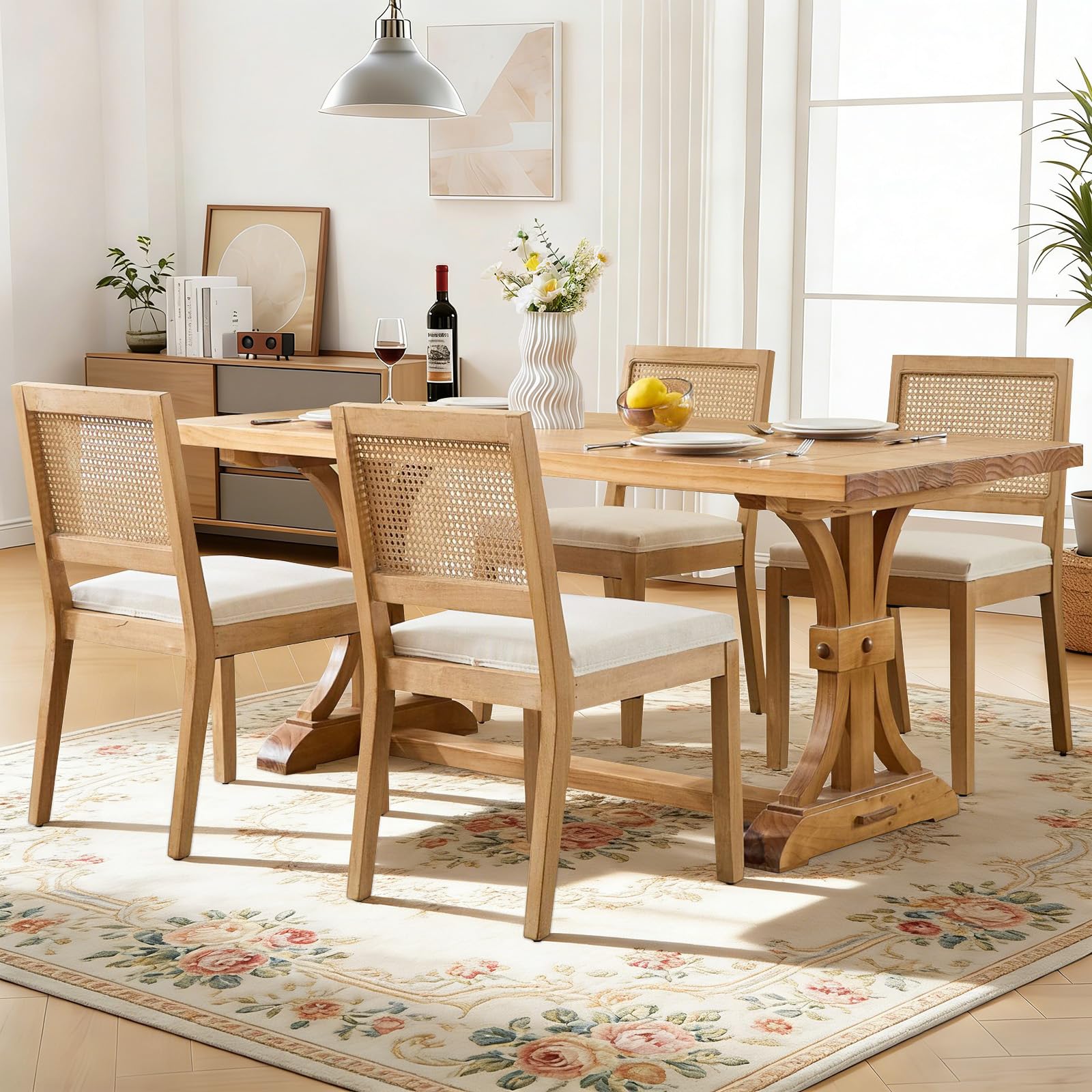 Rattan Back Upholstered Dining Chairs Set of 4 French Country Oval Kitchen Side Chairs with Wood Legs for Dining Room, Kitchen, Restaurant(Beige-Rattan)