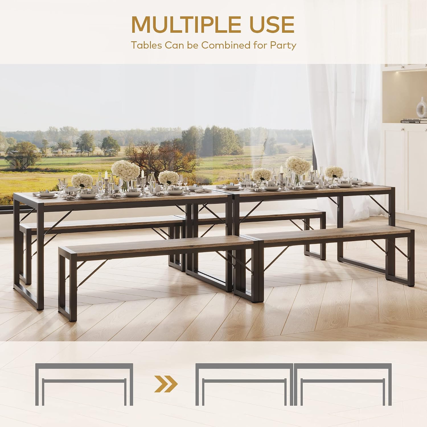 Gizoon 45.5" Dining Table Set for 4 with 2 Benches, Kitchen Table Set with Metal Frame & MDF Board, Space-Saving Dinette for Kitchen, Dining Room -Grey